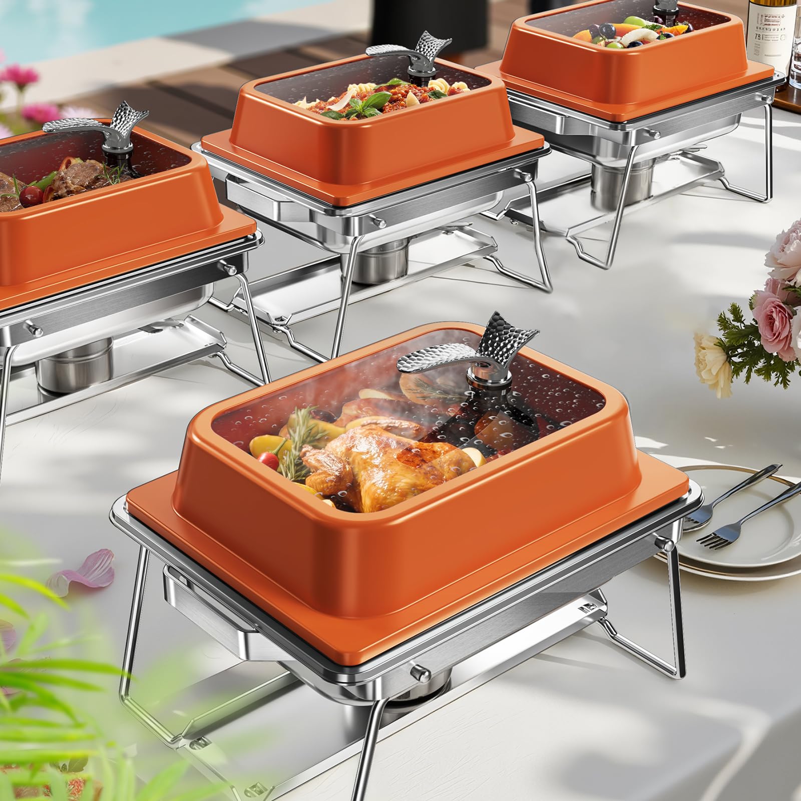 KScocina Juego de 4 platos cuadrados de acero inoxidable de 5 cuartos de galón, calentador completo de buffet para fiestas en casa, Navidad y eventos de catering (naranja)