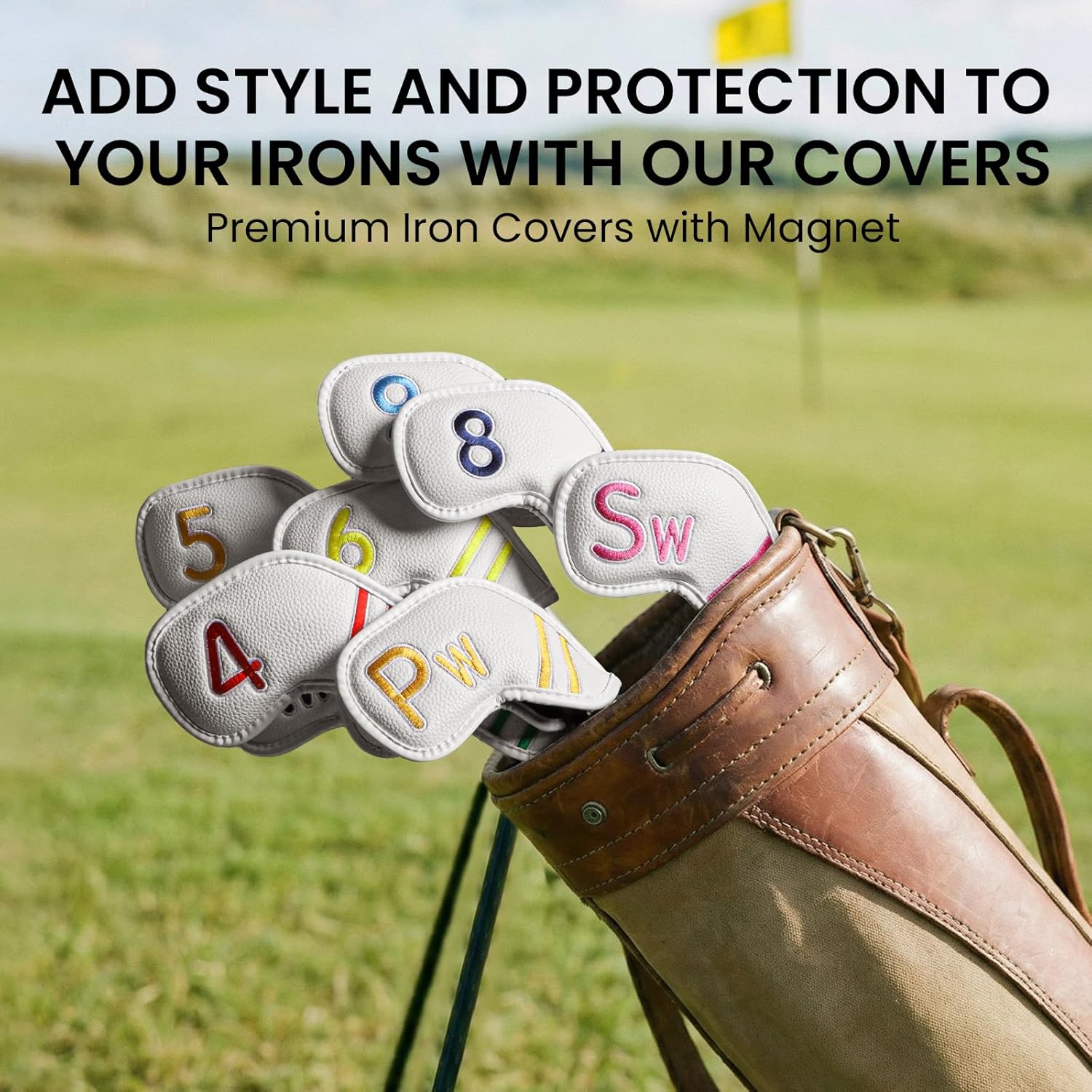 FINGER TEN Magnetic Golf Club Head Covers Value 9 Pack for Iron and Wedge, Premium PU Leather with Double-Sided Colorful Embroidery Label, Stylish Black Covers for Strong Protection