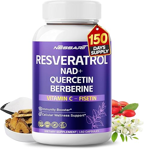 RESVERATROL Suplemento de 6,320 mg  Mezcla natural 18 en 1 con NAD + cardo mariano astrágalo Rhodiola Gotu Kola Arándano  150 unidades  Hecho y
