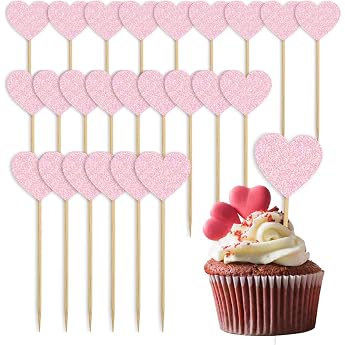 Muffin Decoration Birthday Pack of 24 Glitter Heart Cupcake Toppers Muffin Decorative Cupcake Toppers Heart Cupcake Toppers Love Heart Cupcake Toppers for Wedding Party Anniversary Valentine's