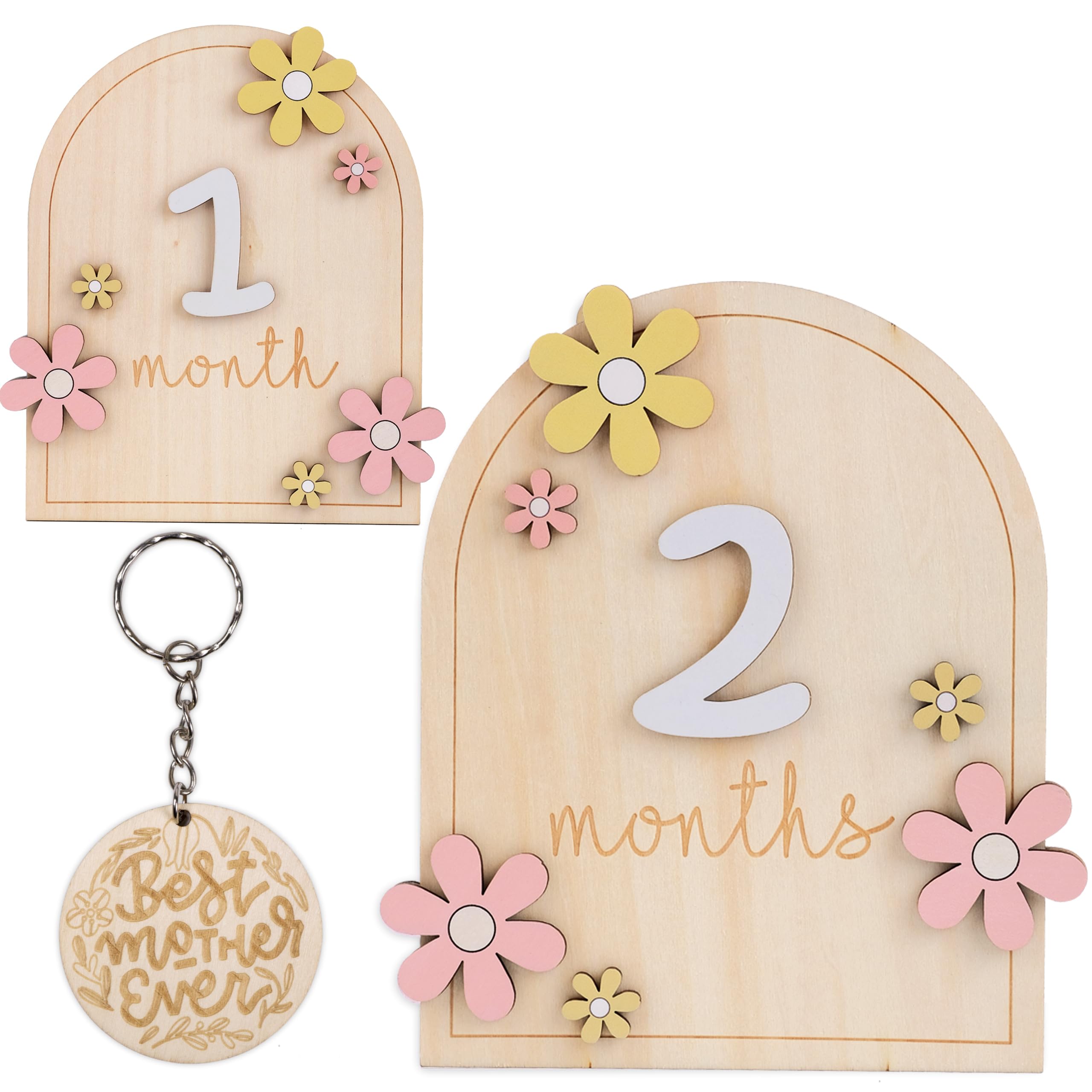 Baby Monthly Milestone Signs - Monthly Baby Milestone Signs for 1-12 Photos, Wooden Number Circles, Picture Props for Babies, Gender Neutral Newborn Announcement Cards (Flower)