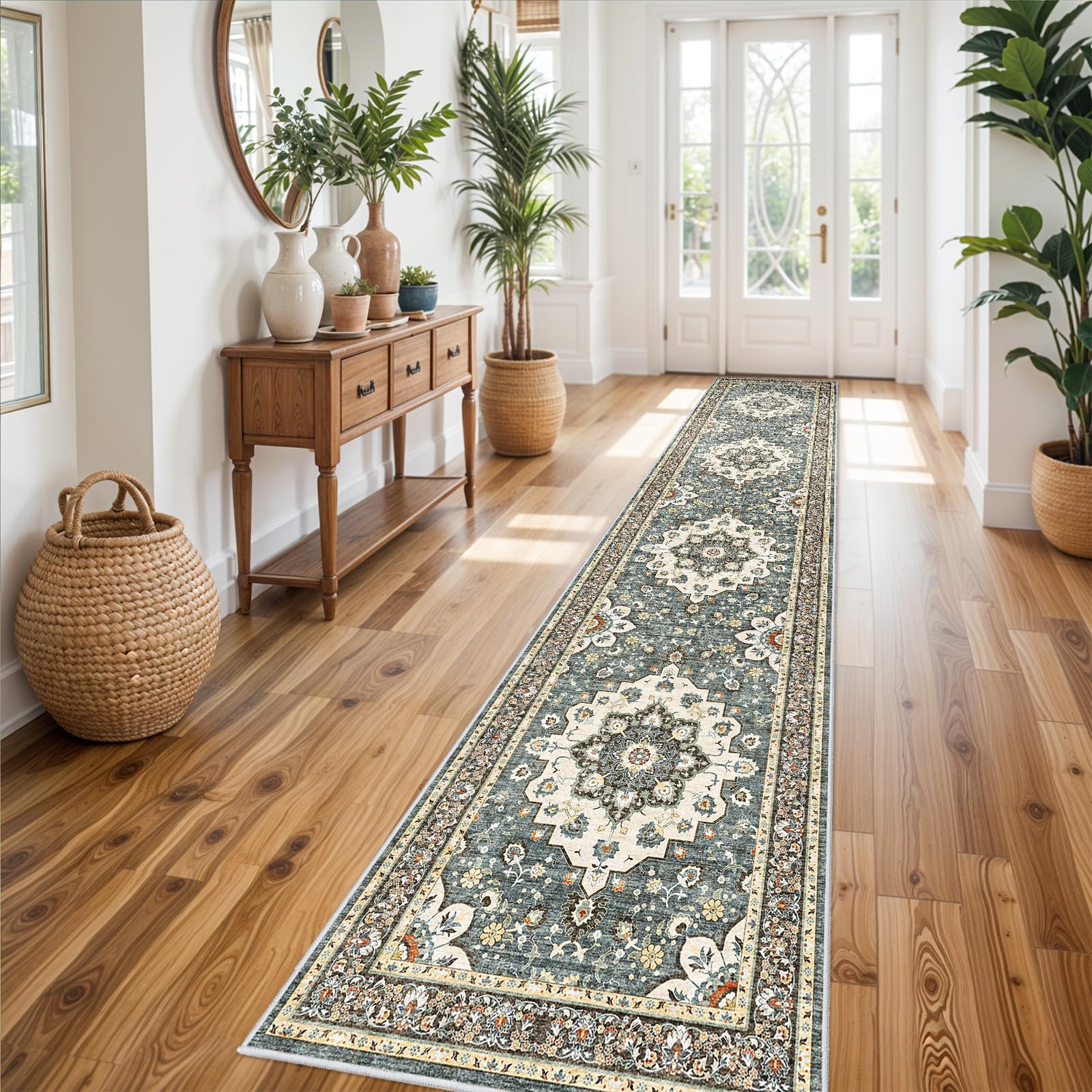 Washable Oriental Hallway Runner Rug - 3x14 Rugs for Living Room Soft Carpet for Bedroom Kitchen Waterproof Floral Distressed Indoor Stain Resistant