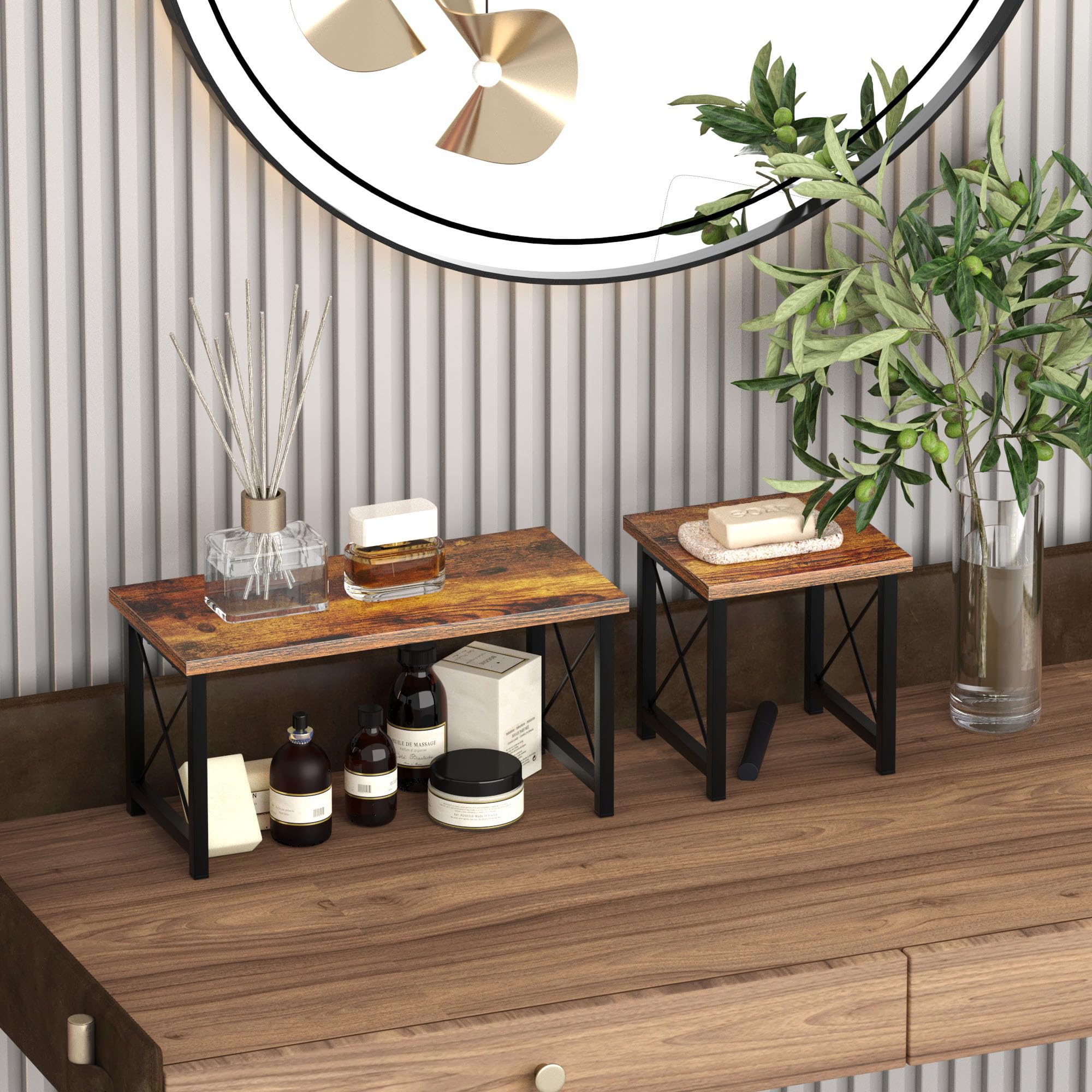 Tischregal & Schreibtisch Regal für Büro | Mini & Kleines Regal für Arbeitsplatte Küche | 40X40X19cm, in Holz/Metall, Stackable Desk Rack (Rauchholz)