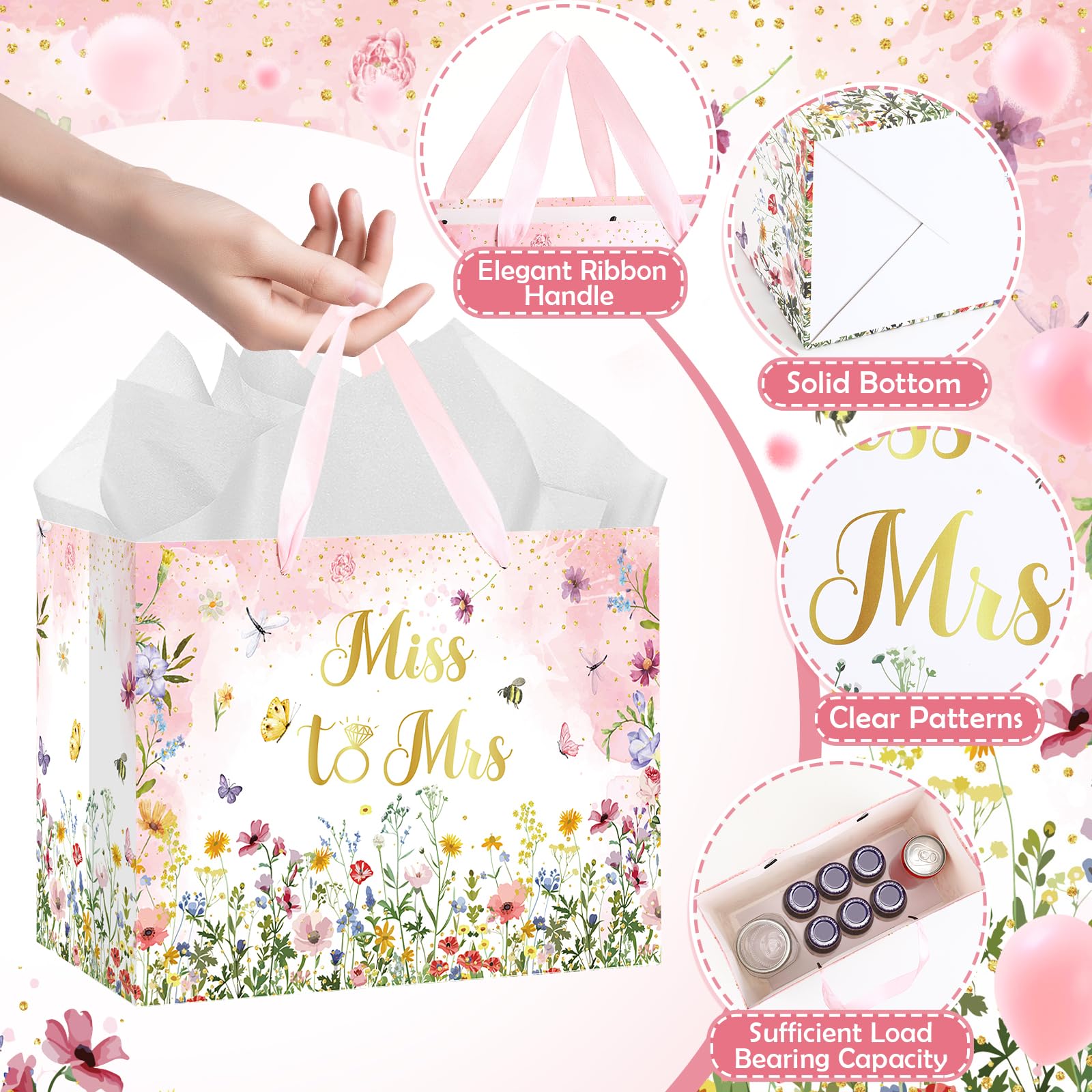Bridal Shower Gift Bag Wedding Miss to Mrs Gifts Bag with Tissue and Card Bridal Shower Gift Wrapping Paper Bag Floral Wedding Gift Bags Bride Engagement Bachelorette Party Bag Bride to Be Gifts