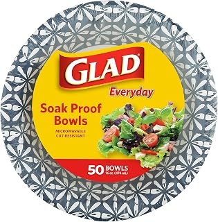 Glad 16oz Soak Proof Disposable Paper Bowls, Blue Mosaic Design - Microwave Safe, Cut Resistant, Heavy Duty for Daily Use, 50 Count