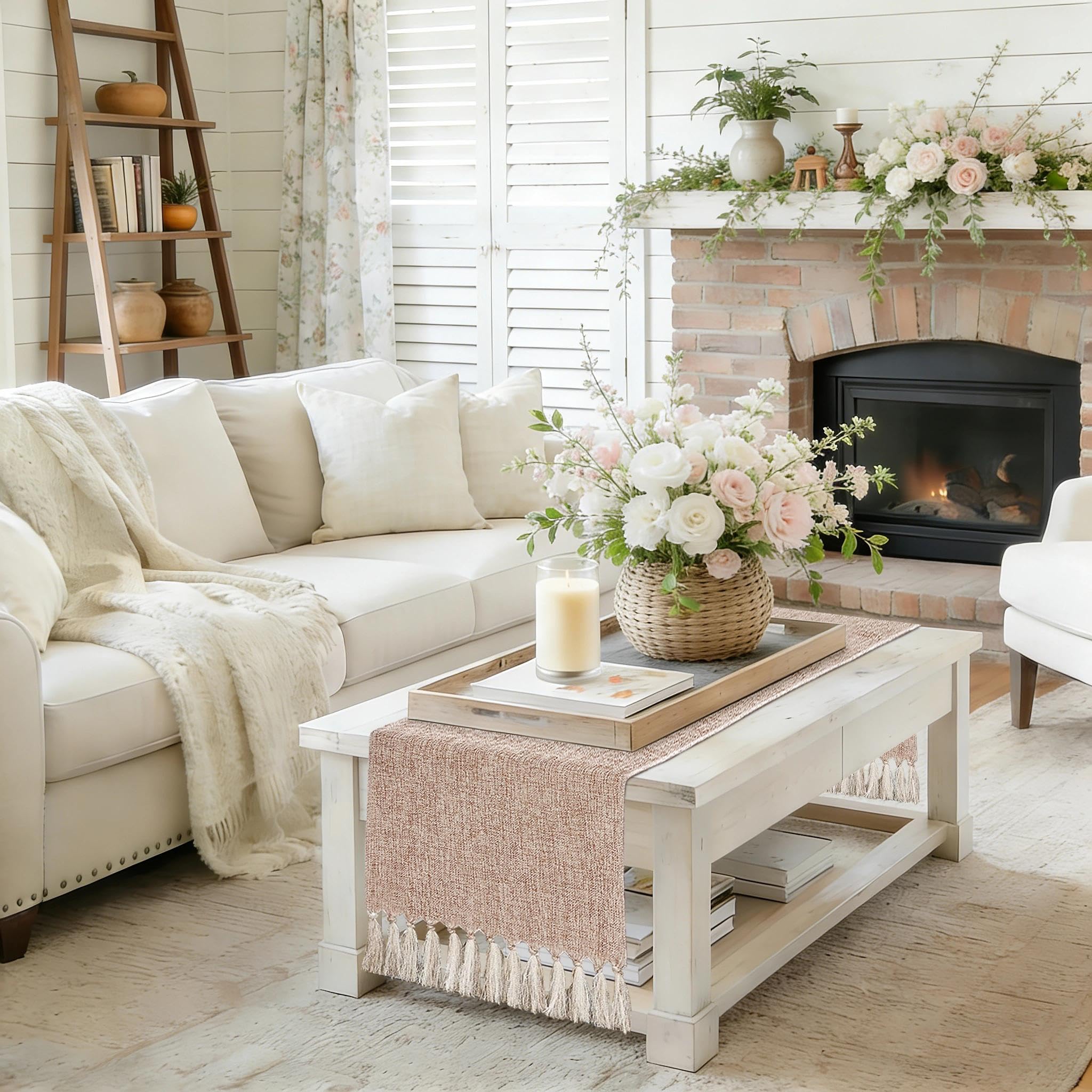 yuboo Boho Table Runner 48 Inches - Neutral Coffee Table Runner for Living Room, Spring Decor, Small Round Dining Table, Dresser Scarves (55" with Tassels)