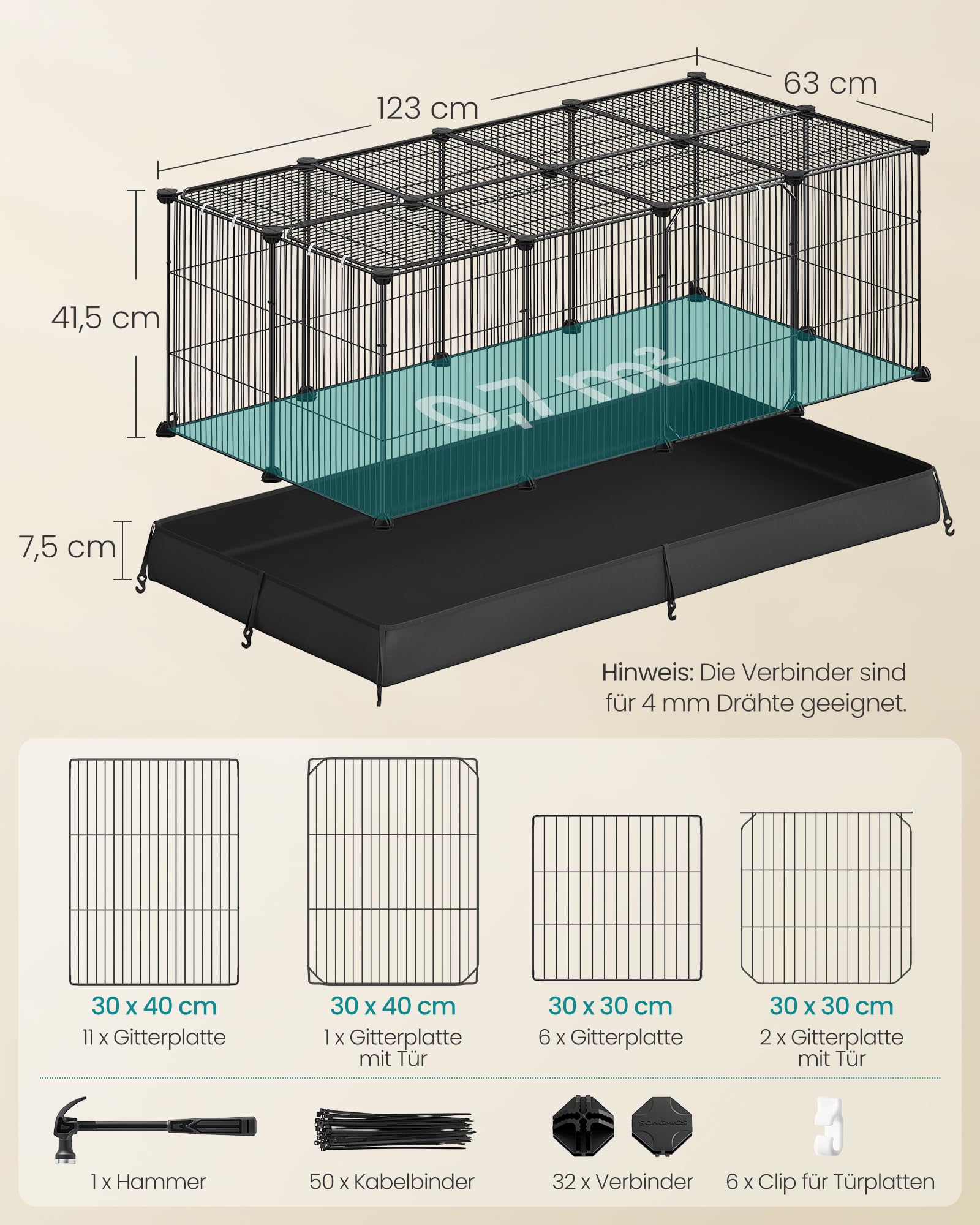 SONGMICS Kleintiergehege, Gehege, Freilaufgehege, wasserresistente Unterlage, Doppeltür, für Kaninchen, Meerschweinchen, mit 20 Platten, 123 x 63 x 41,5 cm, tintenschwarz LPI012BH01
