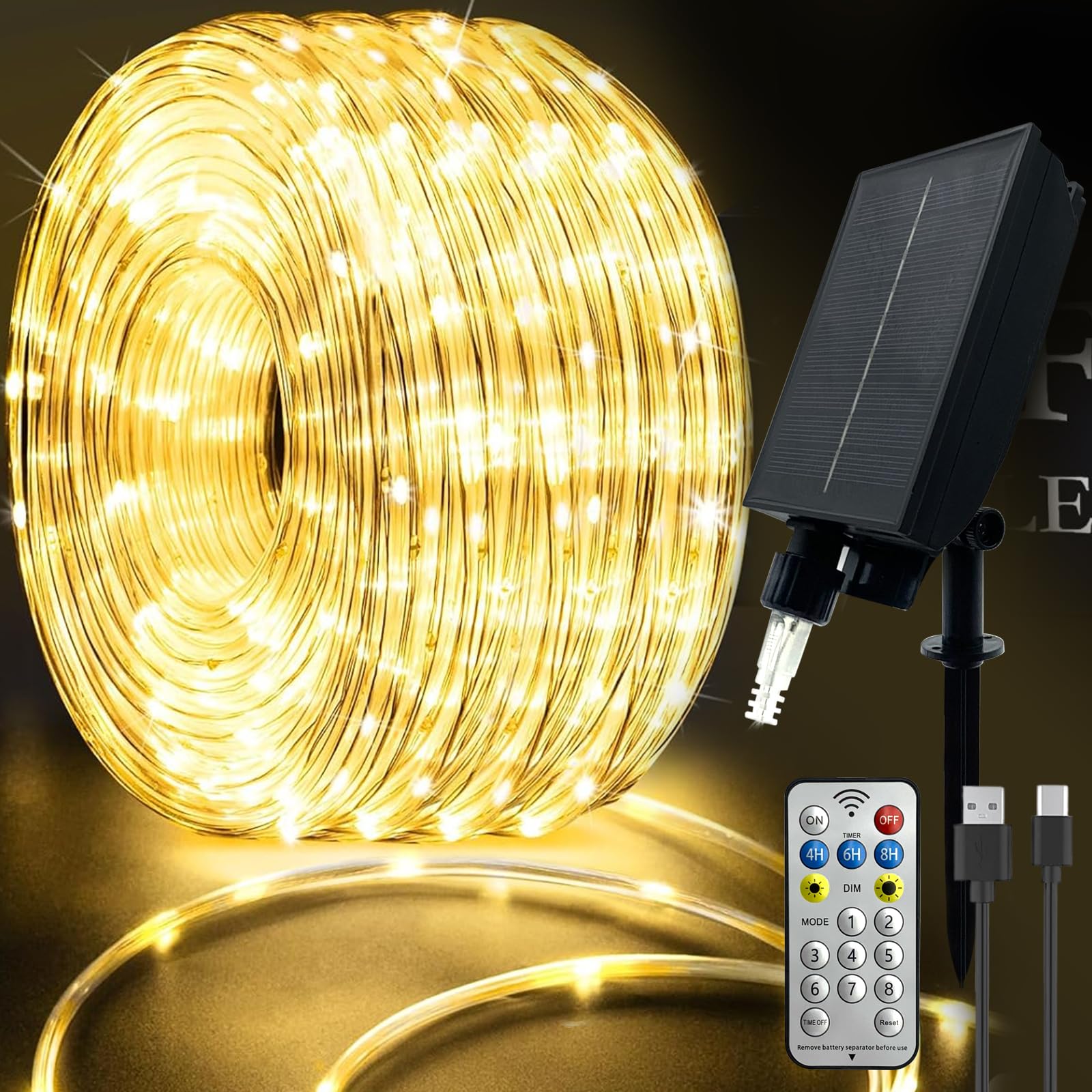 LED Schlauch 20m Wasserdicht,USB & Solar Lichterschlauch Aussen,für Innen außen,8 Modi,Timer,Fernbedienung,Wetterfest Lichterkette für weihnachten Hochzeit Party Deko,(Warmweiß)