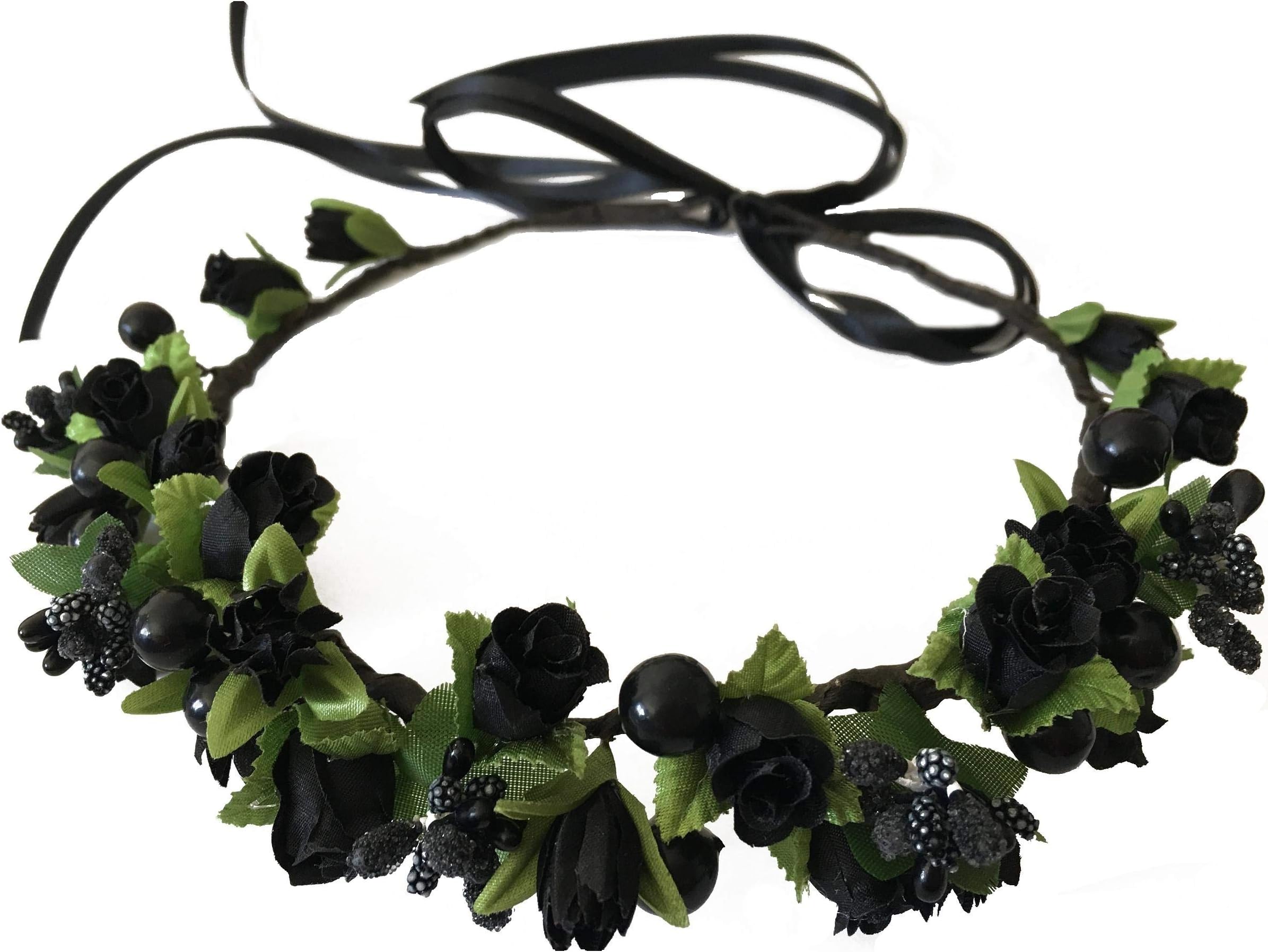 Flower Crown Floral Girls Headband - Black Headpiece Womens Wedding Bridal - Artificial Silk Roses Boho Wreath