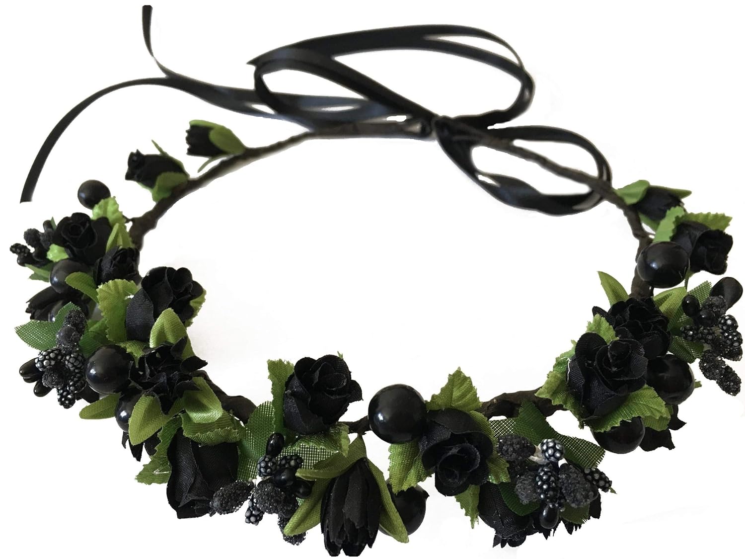 Flower Crown Floral Girls Headband - Black Headpiece Womens Wedding Bridal - Artificial Silk Roses Boho Wreath