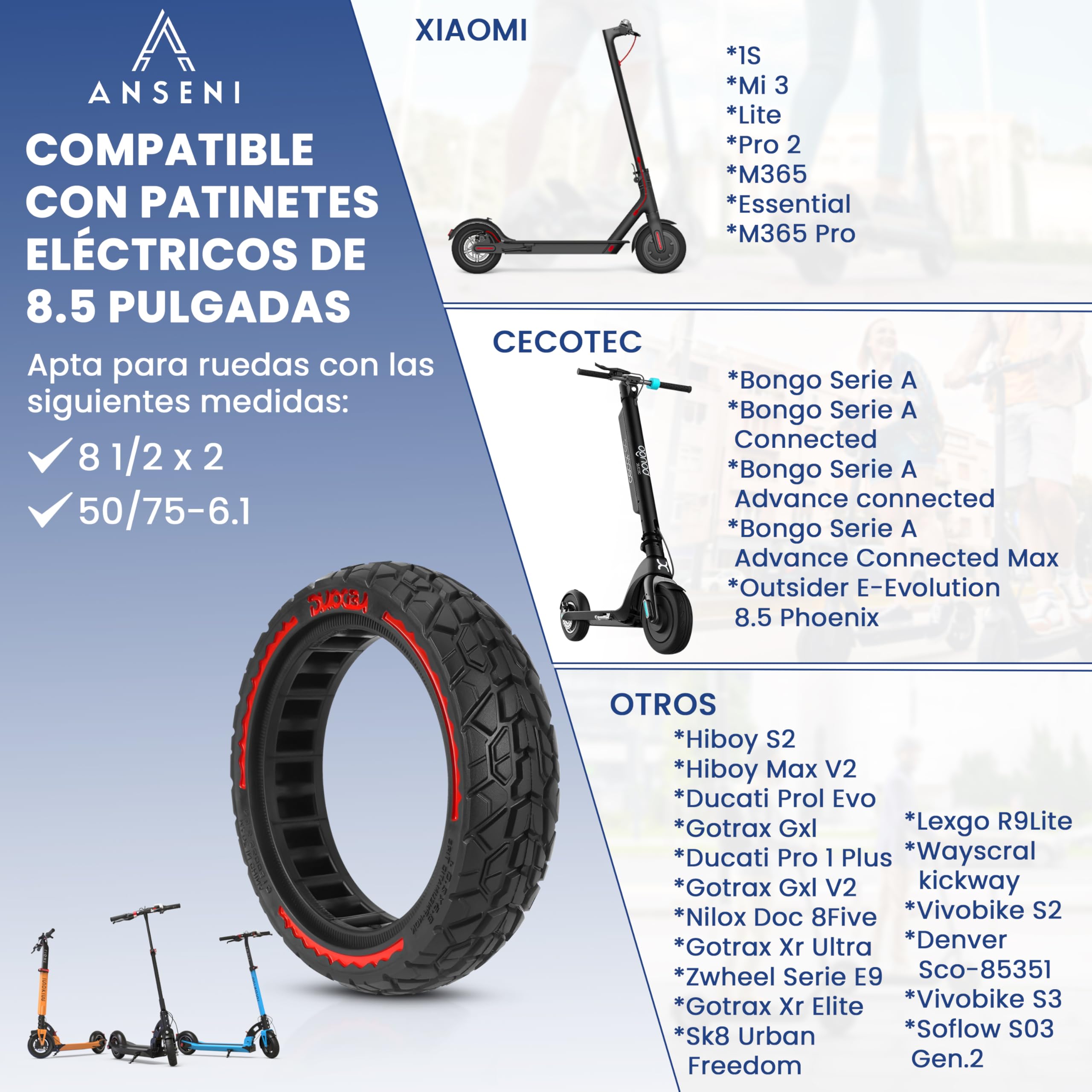 ANSENI Rueda Patinete Xiaomi Offroad 8.5 Pulgadas(8 1/2x2) para Patinete Electrico, Neumatico Maciza Antipinchazo 50/75-6.1,Accesorios Compatible Con Xiaomi M365/Pro,1S, Eessential,Cecotec (2 Ruedas)