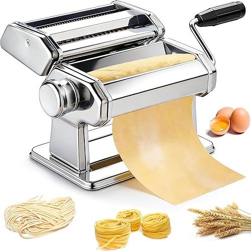 Máquina para hacer pasta METLUCK, máquina de pasta de acero inoxidable manual con rodillo y 9 ajustes de grosor para espaguetis, linguine