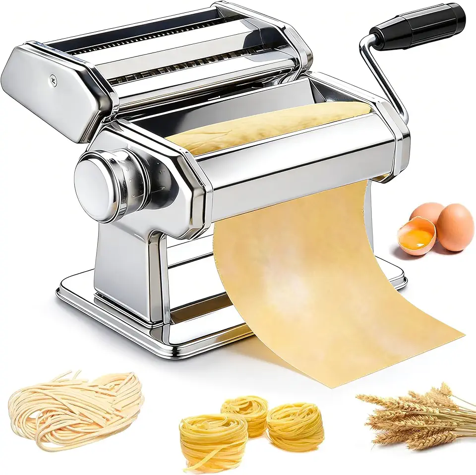 Máquina de macarrão METLUCK de aço inoxidável com 8 configurações de espessura para lasanha de fettuccine, inclui cortador de massa e manivela manual