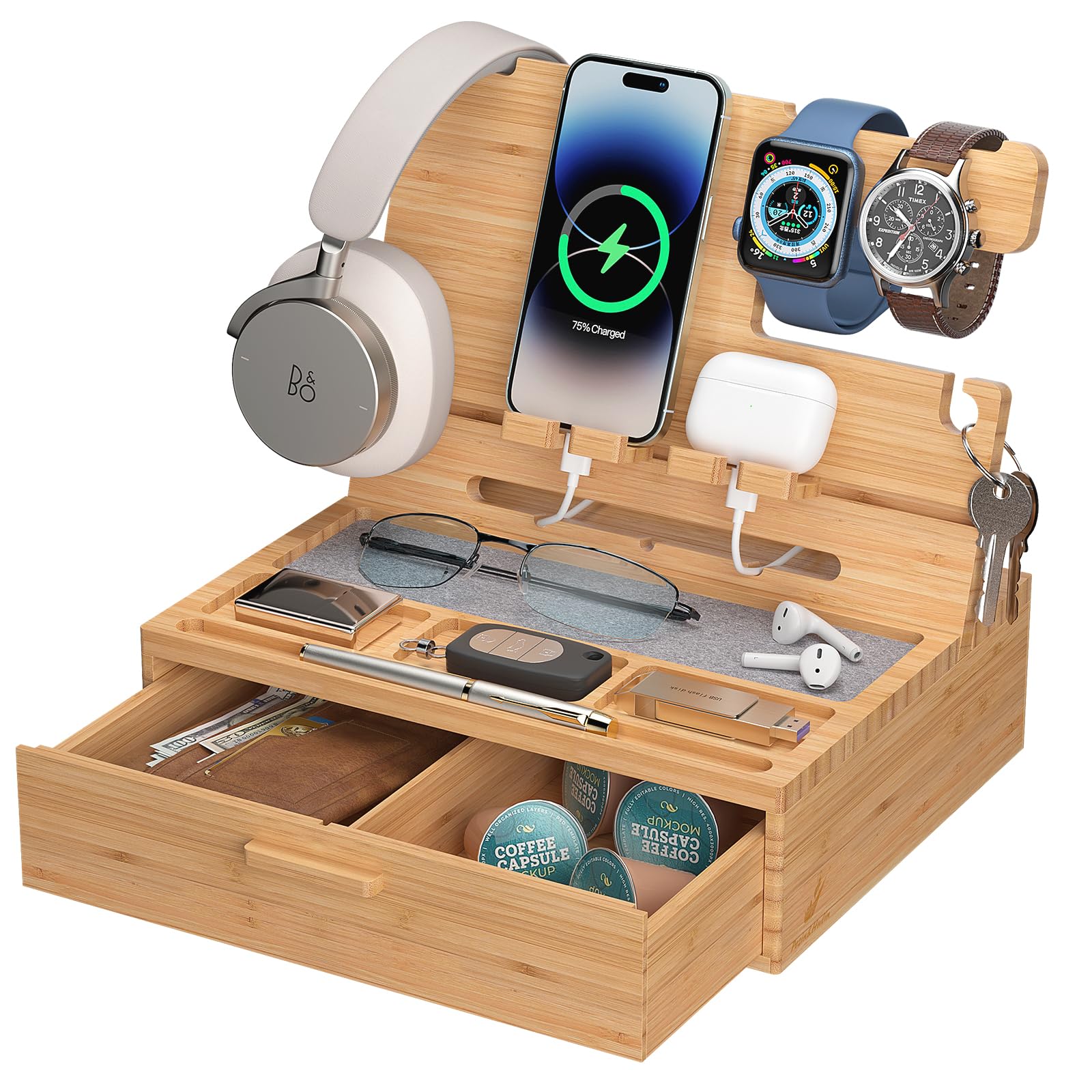 Pezin & Hulin Wood Nightstand Organizer Tray, Bamboo Phone Docking Station with Drawer, Bedside Valet Tray for Multi-Device