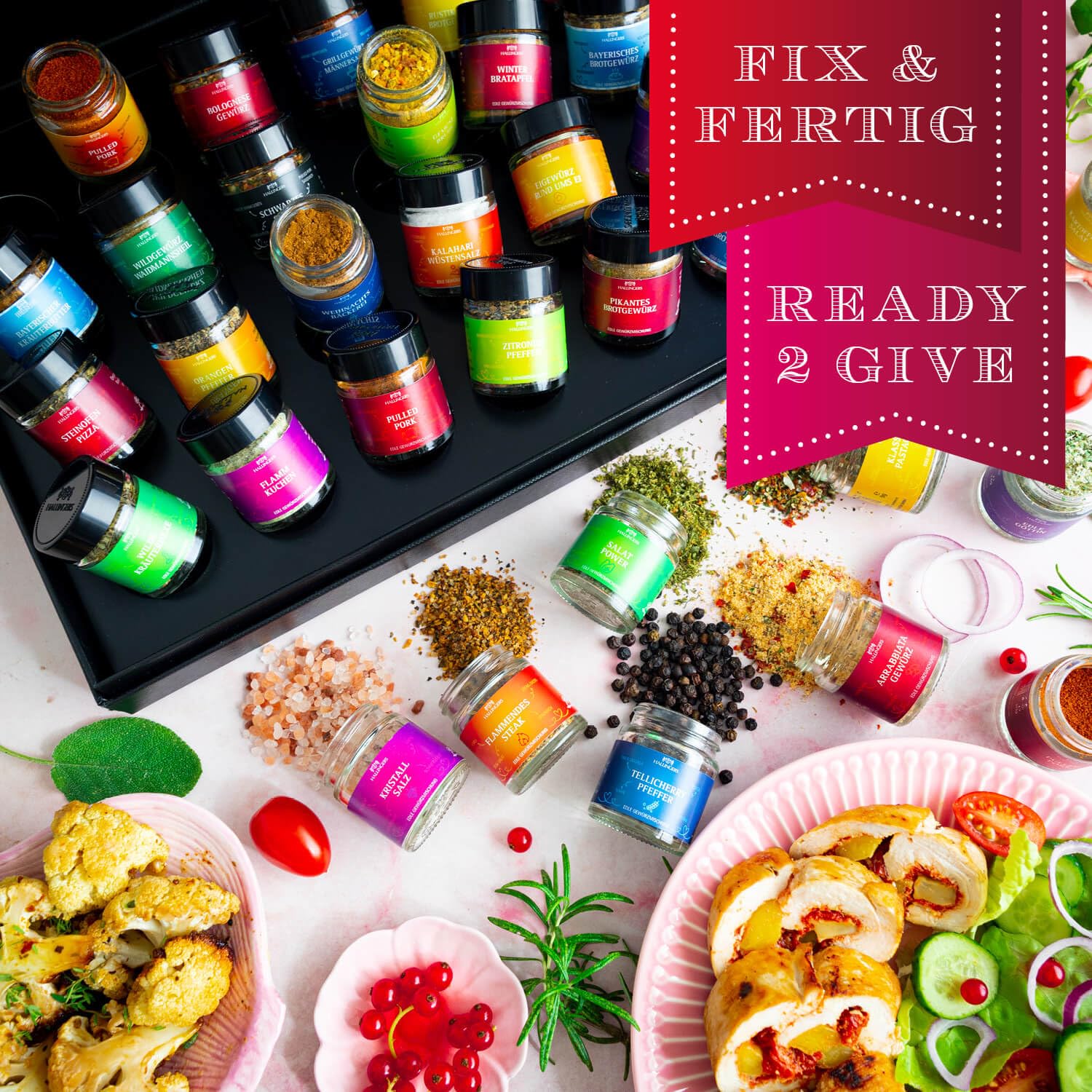 Hallingers Genuss Manufaktur Gewürz Dankeschön-Geschenk-Set - 24 Gewürze aus aller Welt in wertiger Geschenkbox mit Rezept-Booklet "Dankeschön", Geschenkidee für Frauen Männer