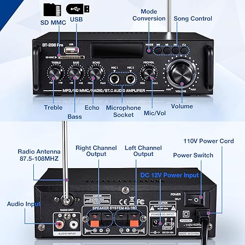 Miniatura 10 de AK-380 Bluetooth 5.0 Amplificador de audio para el hogar, máximo 400W+400W 2.0CH HiFi Stereo con fuente de alimentación de 12 V 5 A, receptor