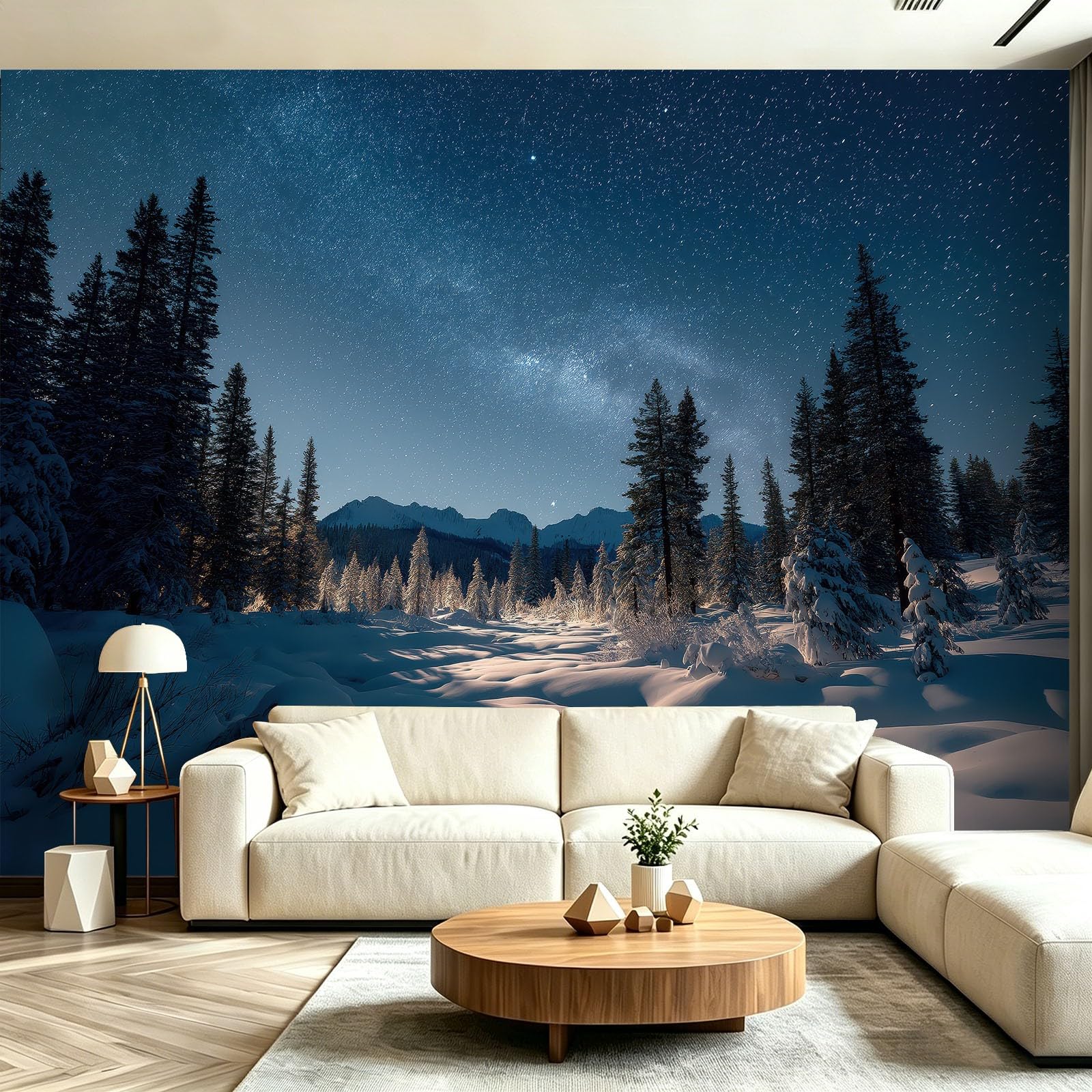 Panoramiczna tapeta 3D las las galaktyka plakat zimowy, 400 x 280 cm (dł. x wys.) Tapeta ścienna z włókniny do salonu dziecięcego Sofa dekoracja tła, ciemnoniebieski