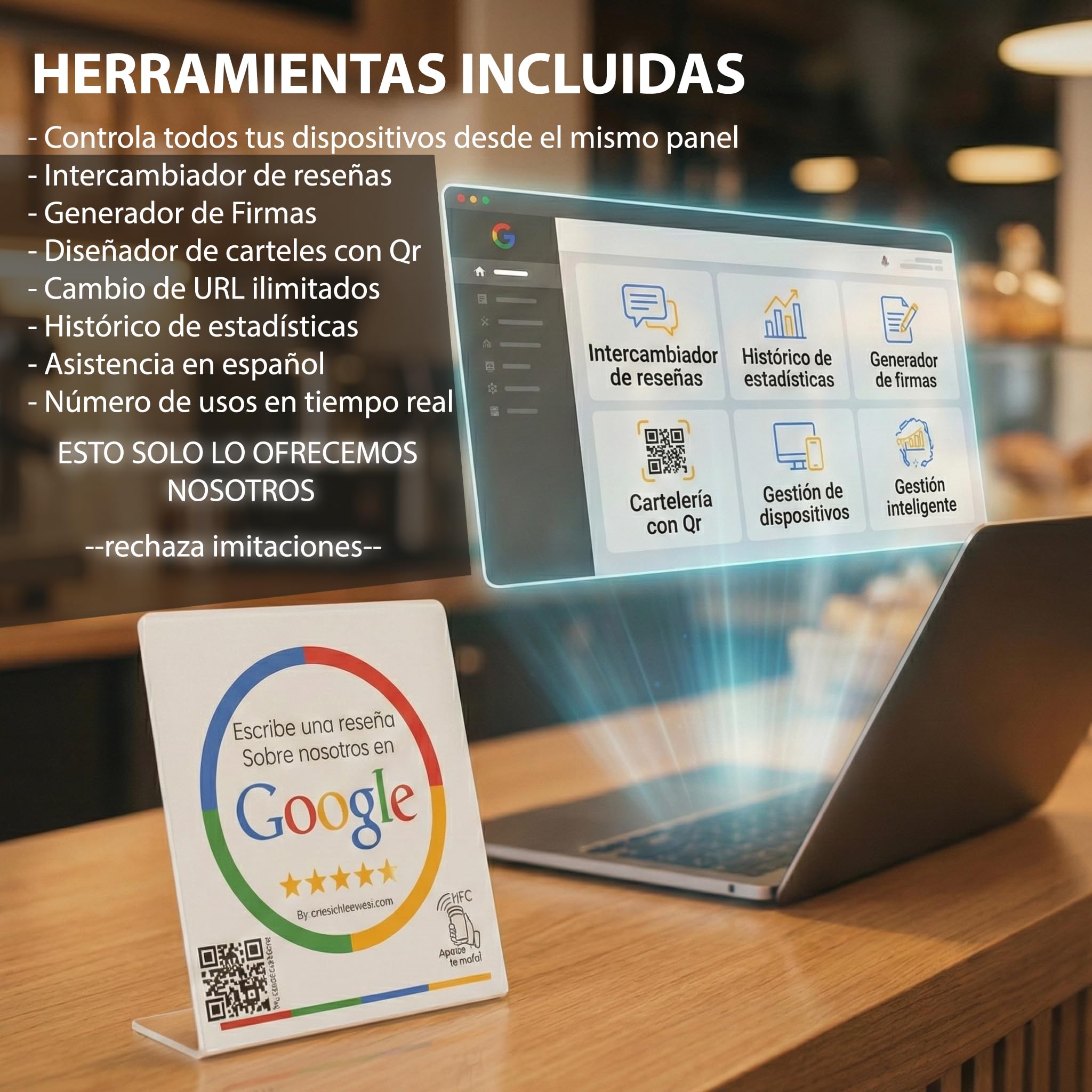 Placa NFC con QR para Conseguir más reseñas en Google Incluye Gratis Herramientas: generador de firmas con Enlace a tu ficha, Carteles QR y Comunidad de Intercambio de reseñas. Tamaño 12x14cm.