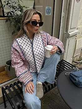 YKR Women's Cropped Puffer Jacket Floral Print Quilted