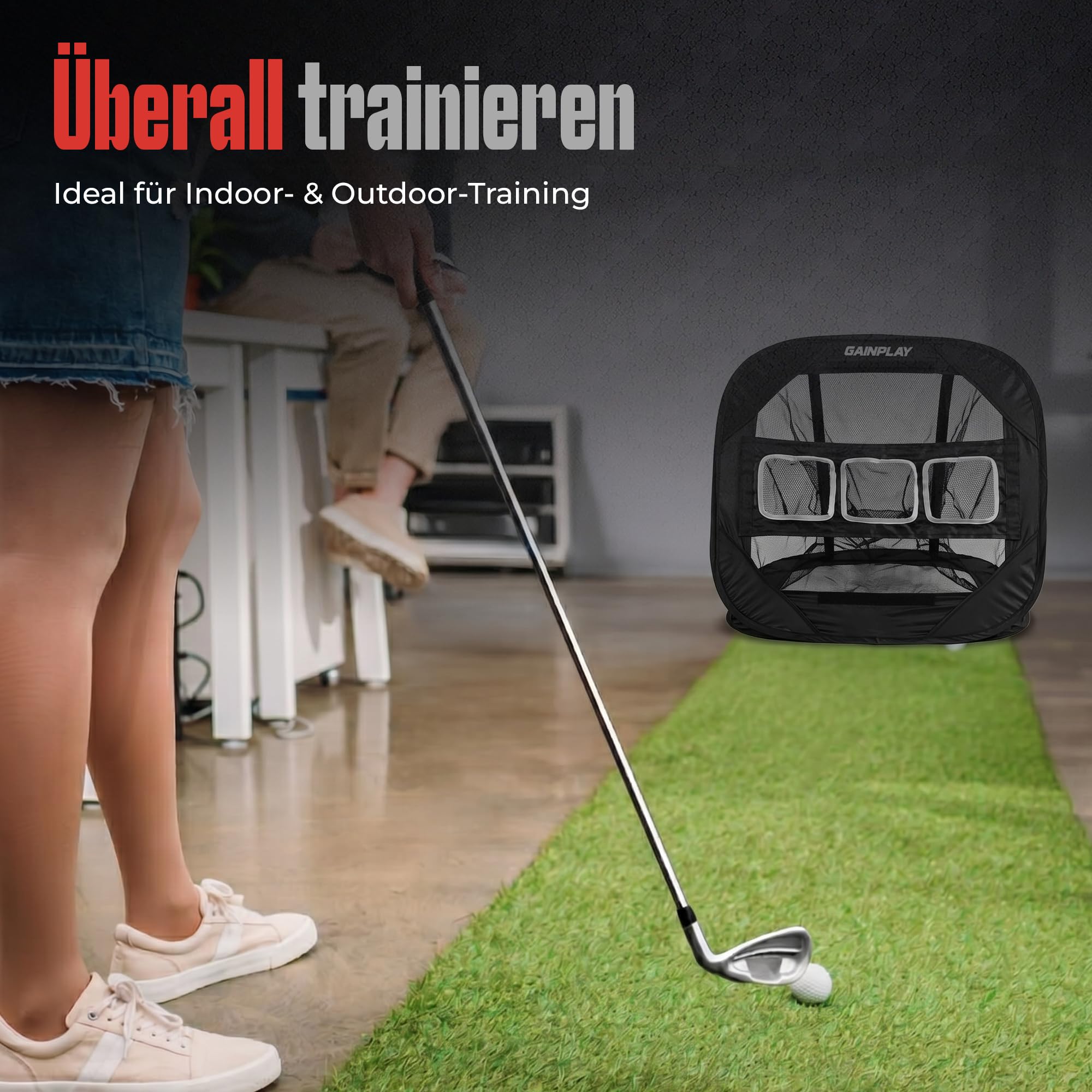 GainPlay Golf Chipping Netz – Trainingsnetz mit verstellbaren & herausnehmbaren Zielzonen (horizontal & vertikal), Pop-Up Design, tragbar mit Tasche – Golf Übungsnetz für Präzisionstraining