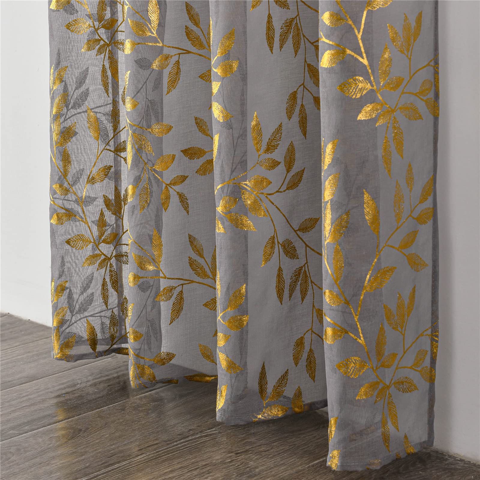 Sutuo Home, Tende trasparenti lunghe 160 cm, set di 2 pannelli, con lussuosa stampa dorata metallizzata con foglie di vite, per la privacy, decorazione per finestre, per cucina e soggiorno, 132 x 160