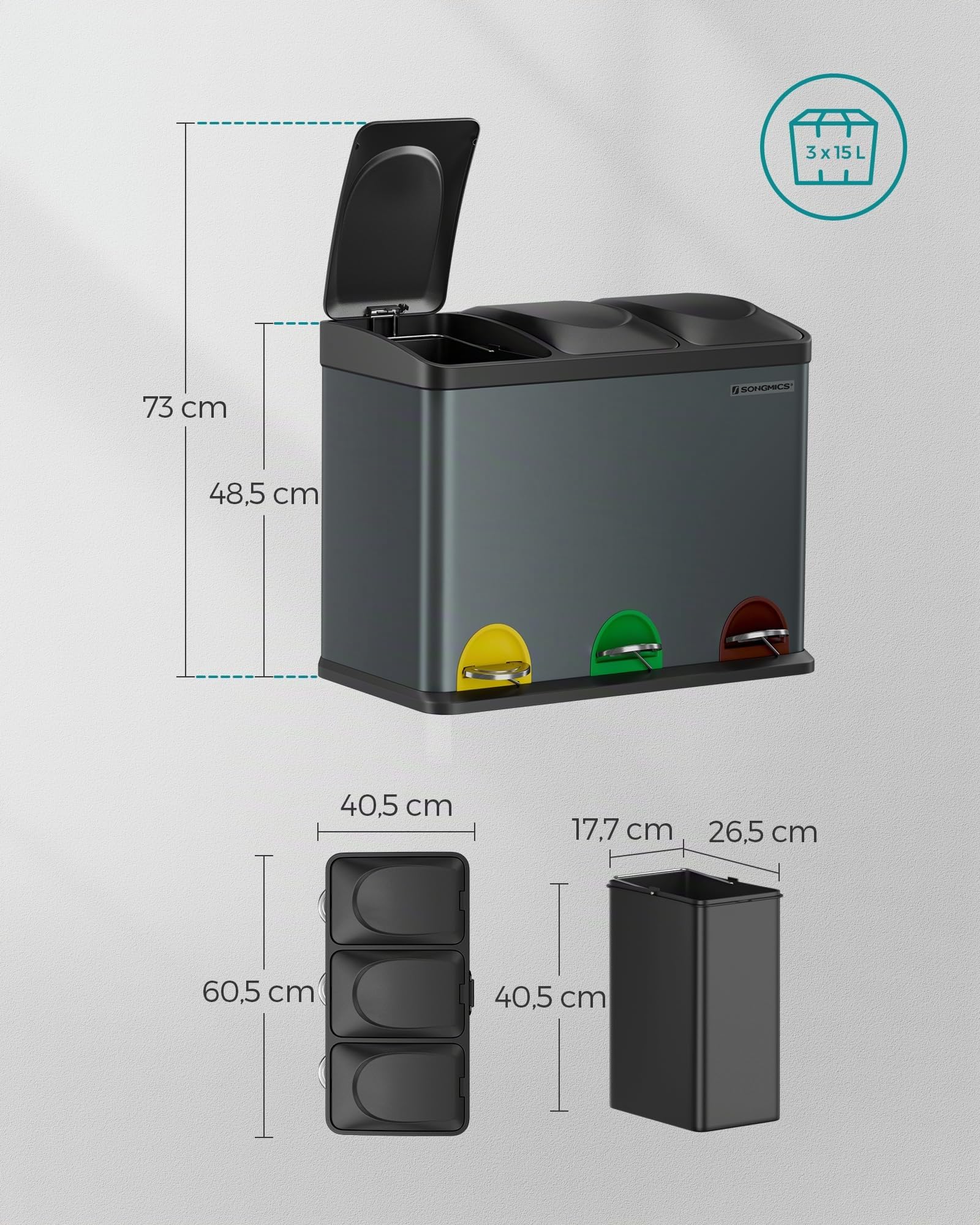 SONGMICS Cubo Triple para Cocina, Basurero de Reciclaje, Pedal, de Metal 45 L, Sistema de Separación de Residuos, 3 x 15 L, con Tapa, Acero, Gris LTB45G