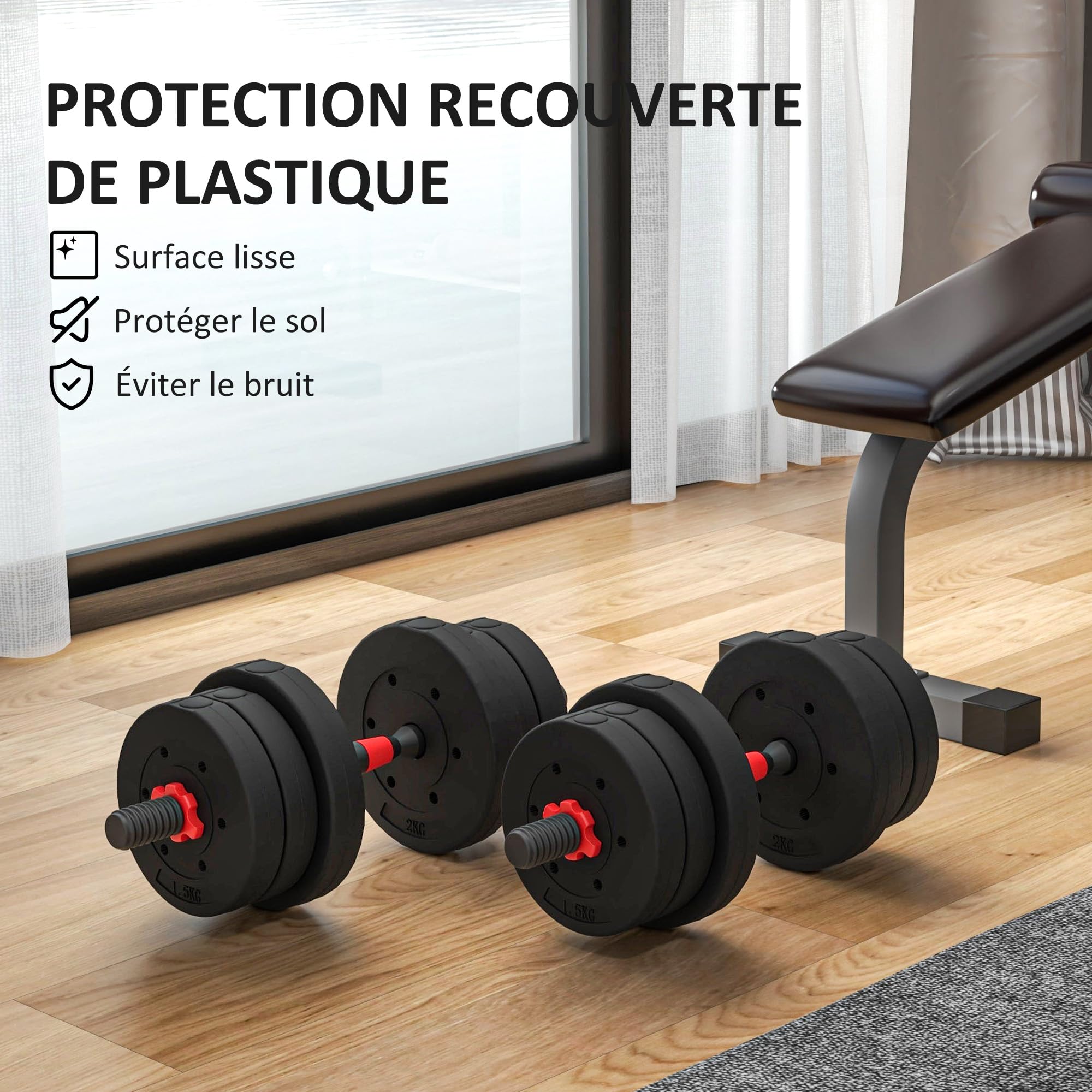 HOMCOM Kit Haltères Musculation 2-en-1, Lot de 2, 15/20/25 kg, poids réglable - Barres incluses - entraînement Musculaire & haltérophilie - HDPE Noir Rouge