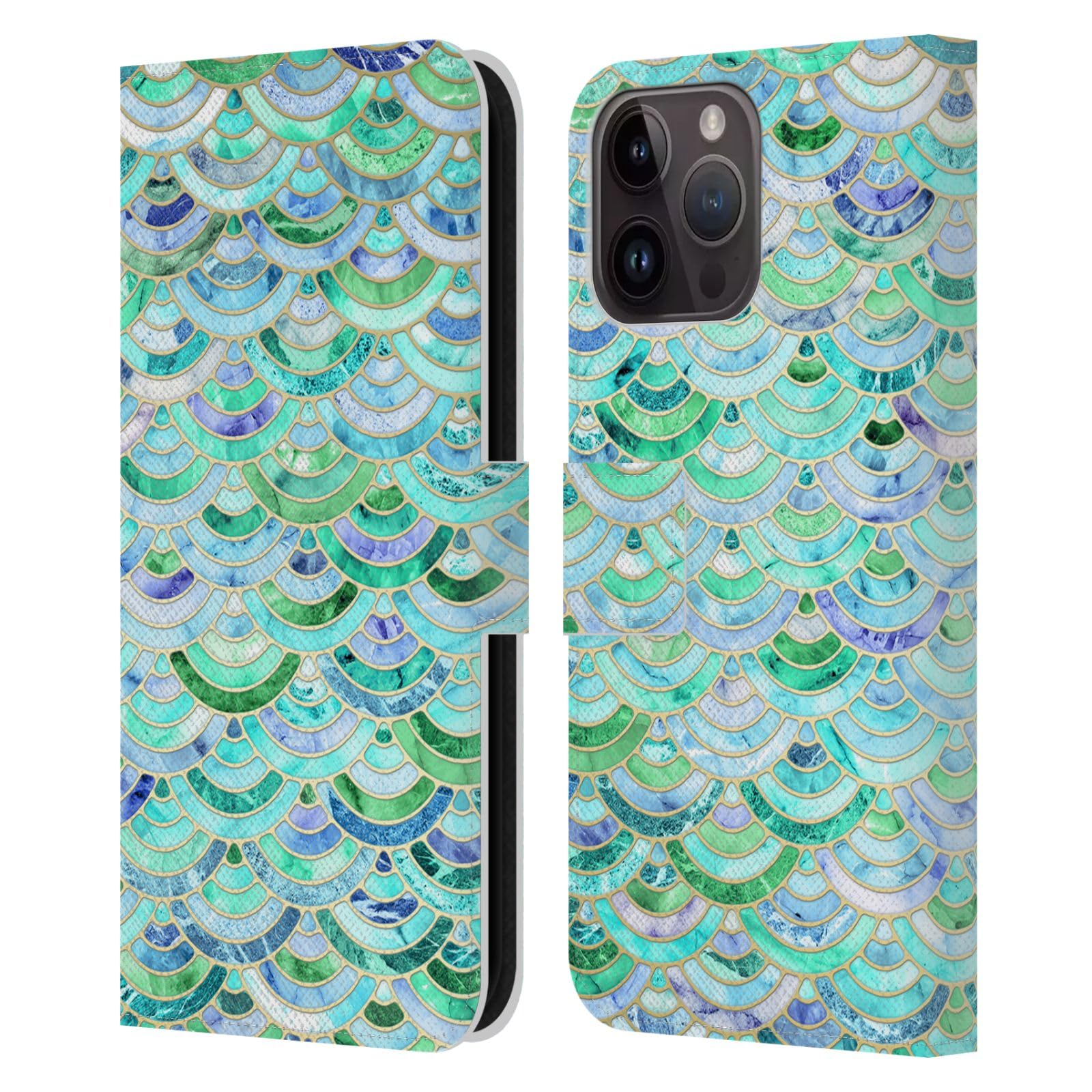 Head Case Designs Officially Licensed Micklyn Le Feuvre Mosaic in Mint Quartz and Jade Marble Patterns Leather Book Wallet Case Cover Compatible with Apple iPhone 15 Pro Max