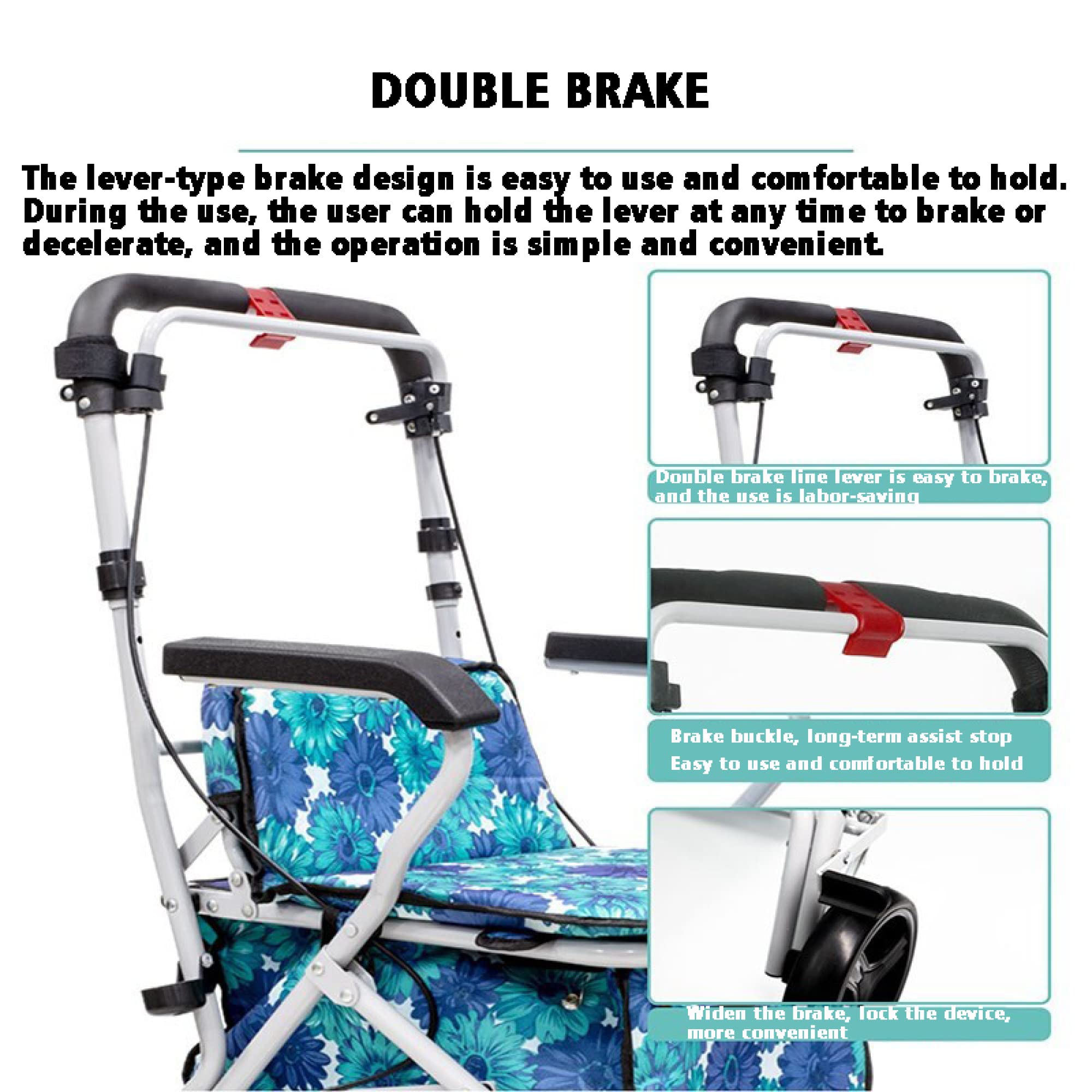 Andador Andador con Asiento y Ruedas - Silla de Transporte con Ruedas Plegable con Manijas Ajustables y Pedal - Soporta hasta 200 Ibs