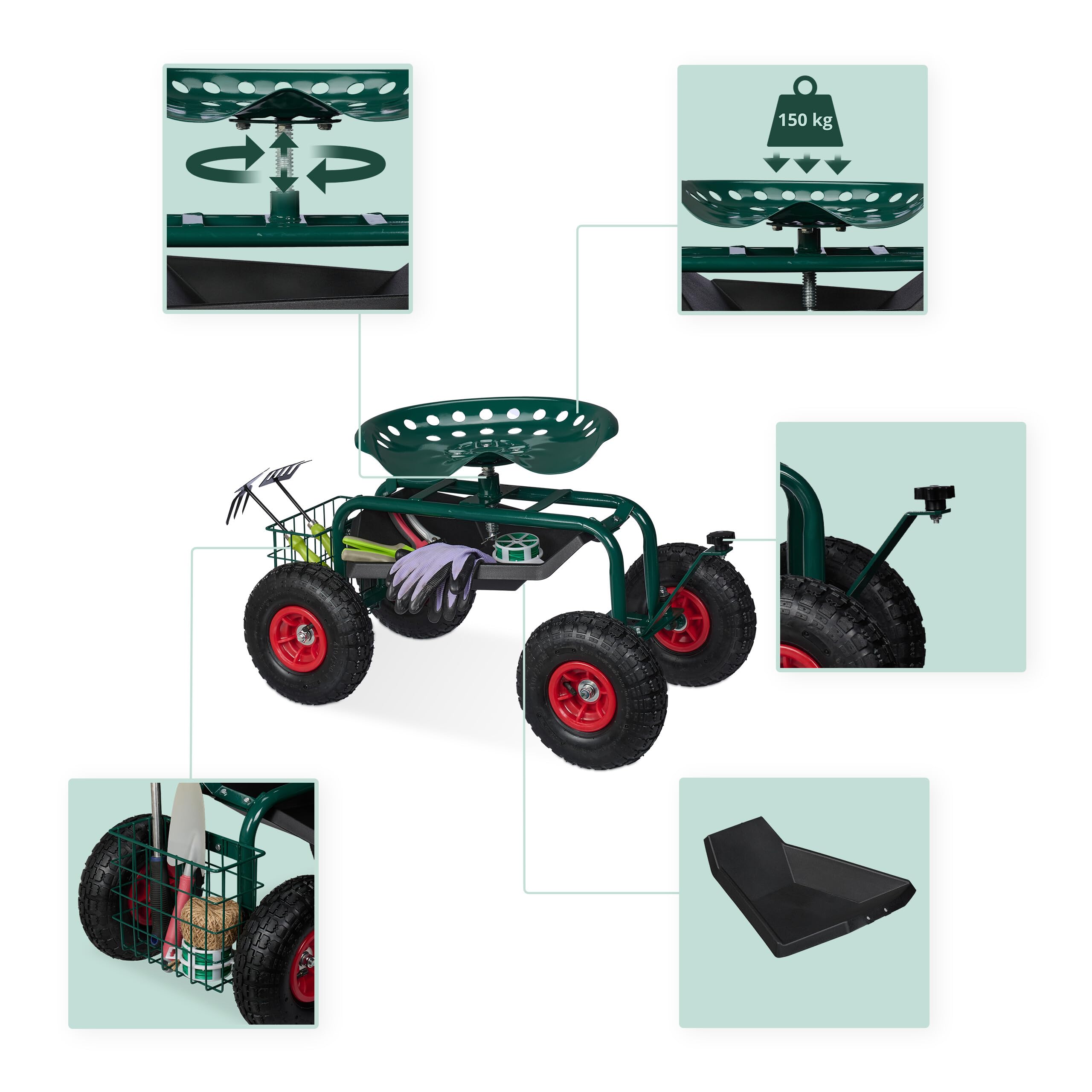 Relaxdays Sgabello Giardinaggio con Ruote, Carrello Portautensili Giardino e Officina, Regolabile, 150kg, Acciaio, Verde, 55 x 45 x 87 cm