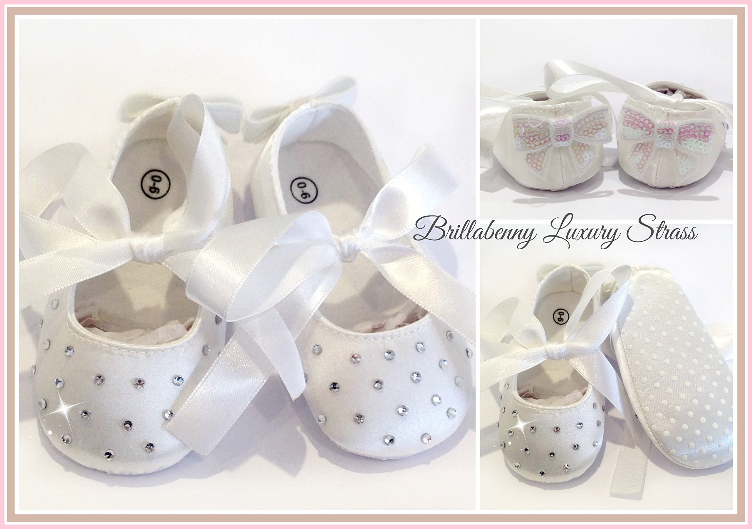 SCARPE BALLERINE NEONATA BIANCHE CLASSICHE O CON CRISTALLI STRASS SCARPINE CERIMONIA BATTESIMO REGALO NASCITA 11,5 CM BABY SHOES Brillabenny (6-12 Mesi con Strass)