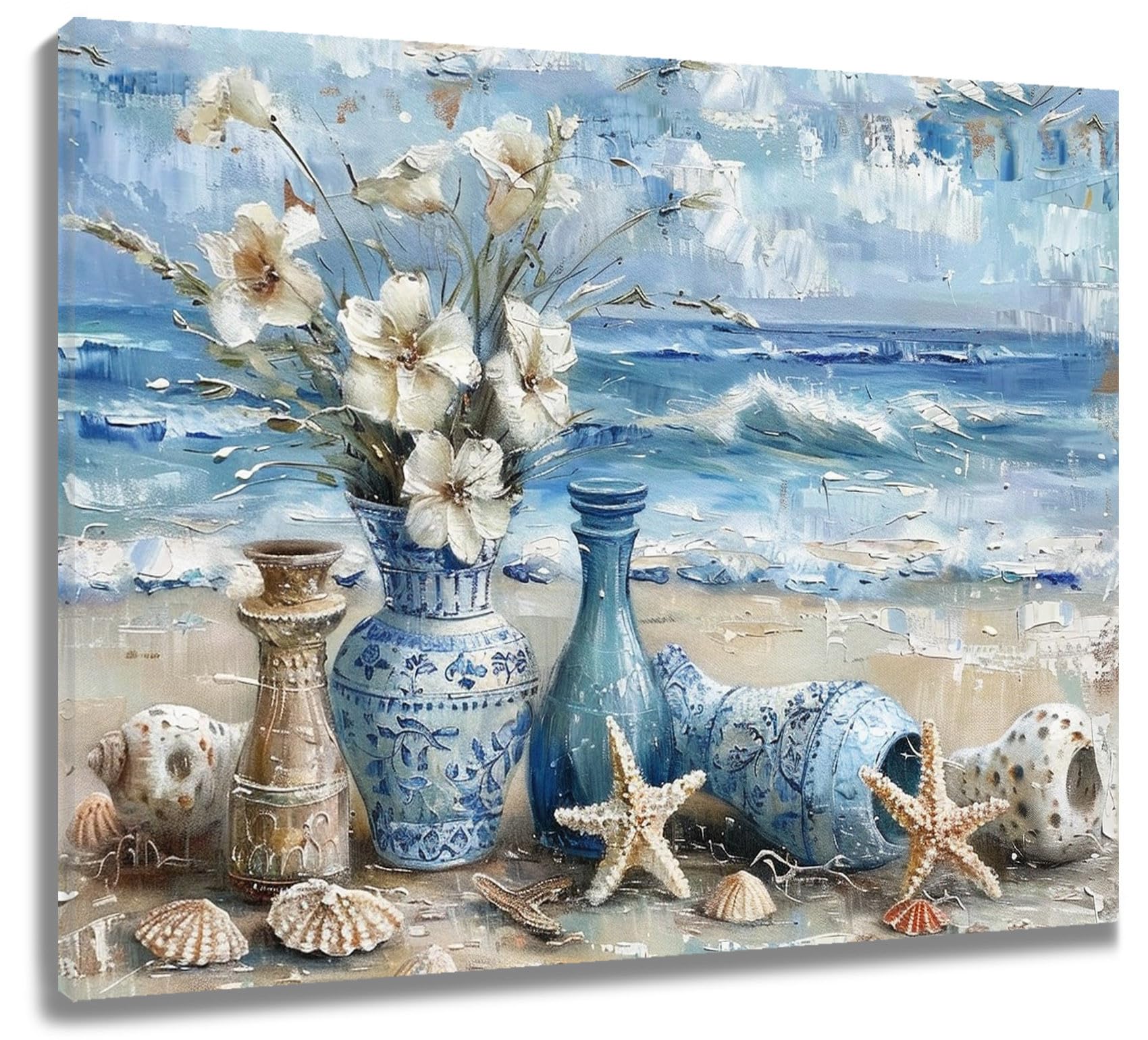 LB Blue Coastal Wall Art Flower in Vase on Tropical BeachAbstract Sea Canvas Prints Wall Art for Living Room Bathroom Bedroom Dorm Wall Decor,20Wx16H inch Wooden Framed โ image 1