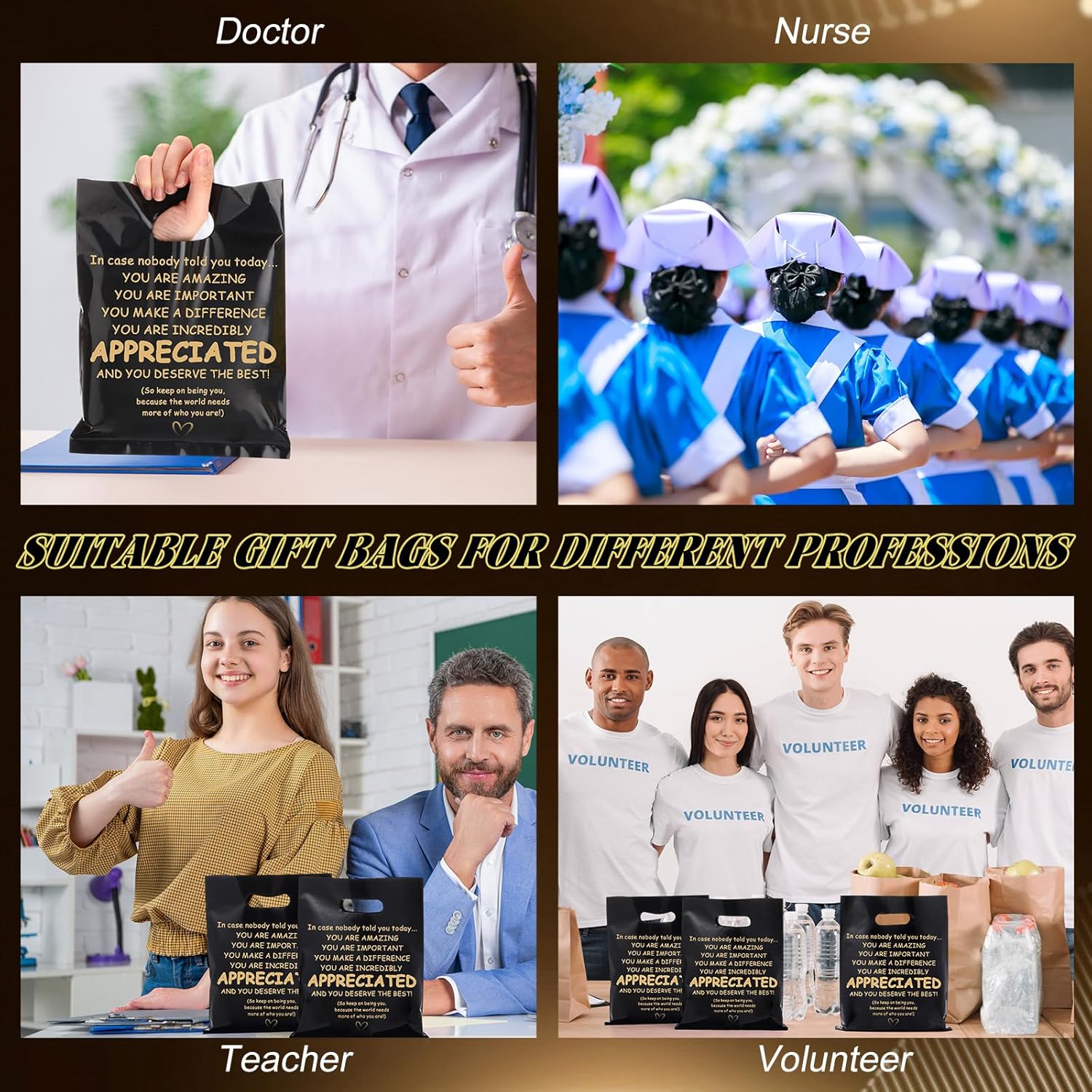 Kolldenn 50 Pcs Valentine Thank You Merchandise Bags Employee Appreciation Gift Bag Bulk Plastic Retail Bags Goodie Pouch for Nurse Staff Coworker Teammate(Black,You Are Appreciated) - Image 5