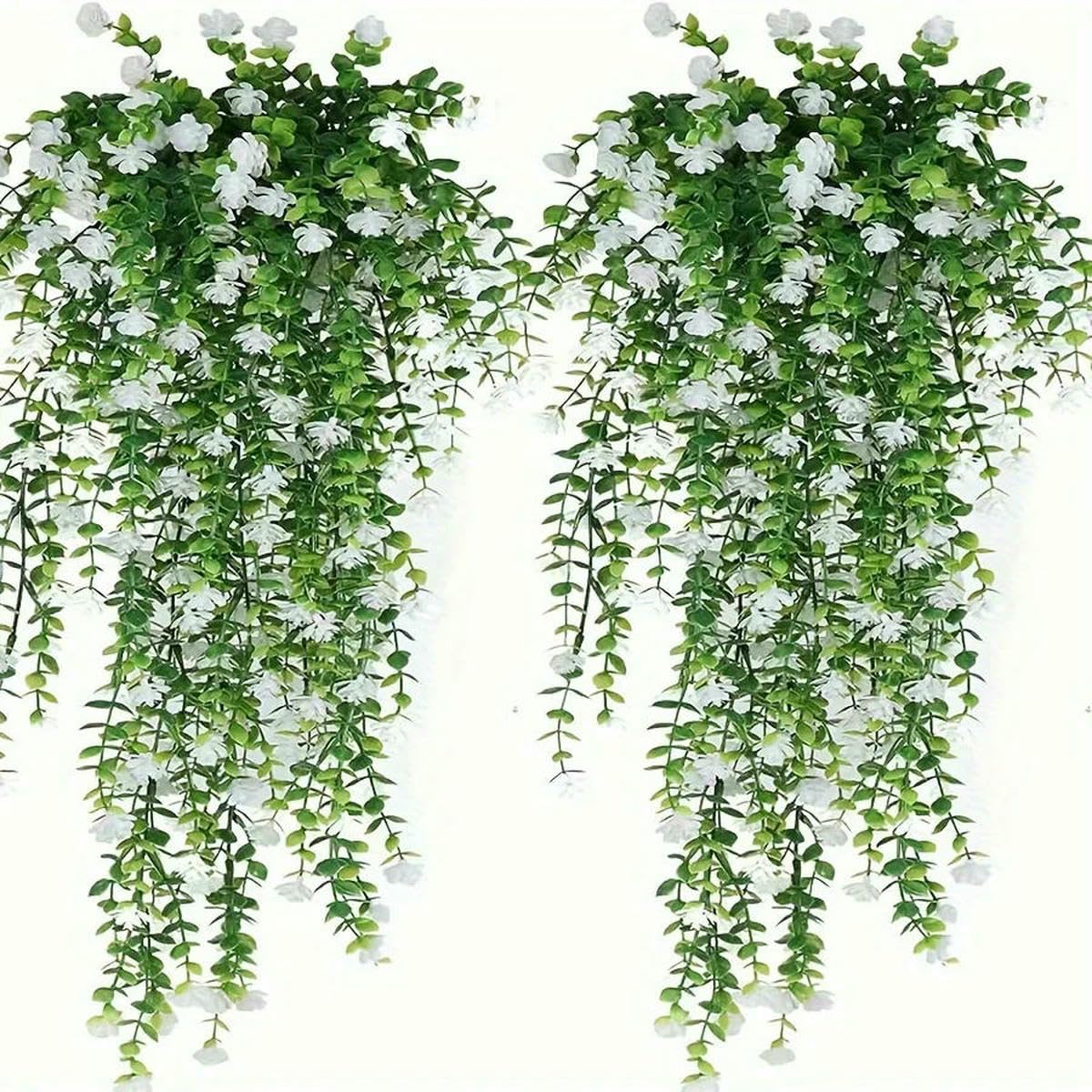 Ayhtud White 3Pcs, Artificial Hanging Plants Fake Hanging Plant Faux Eucalyptus Leaf Greenery Vine Outdoor Resistant Plants-3Pcs