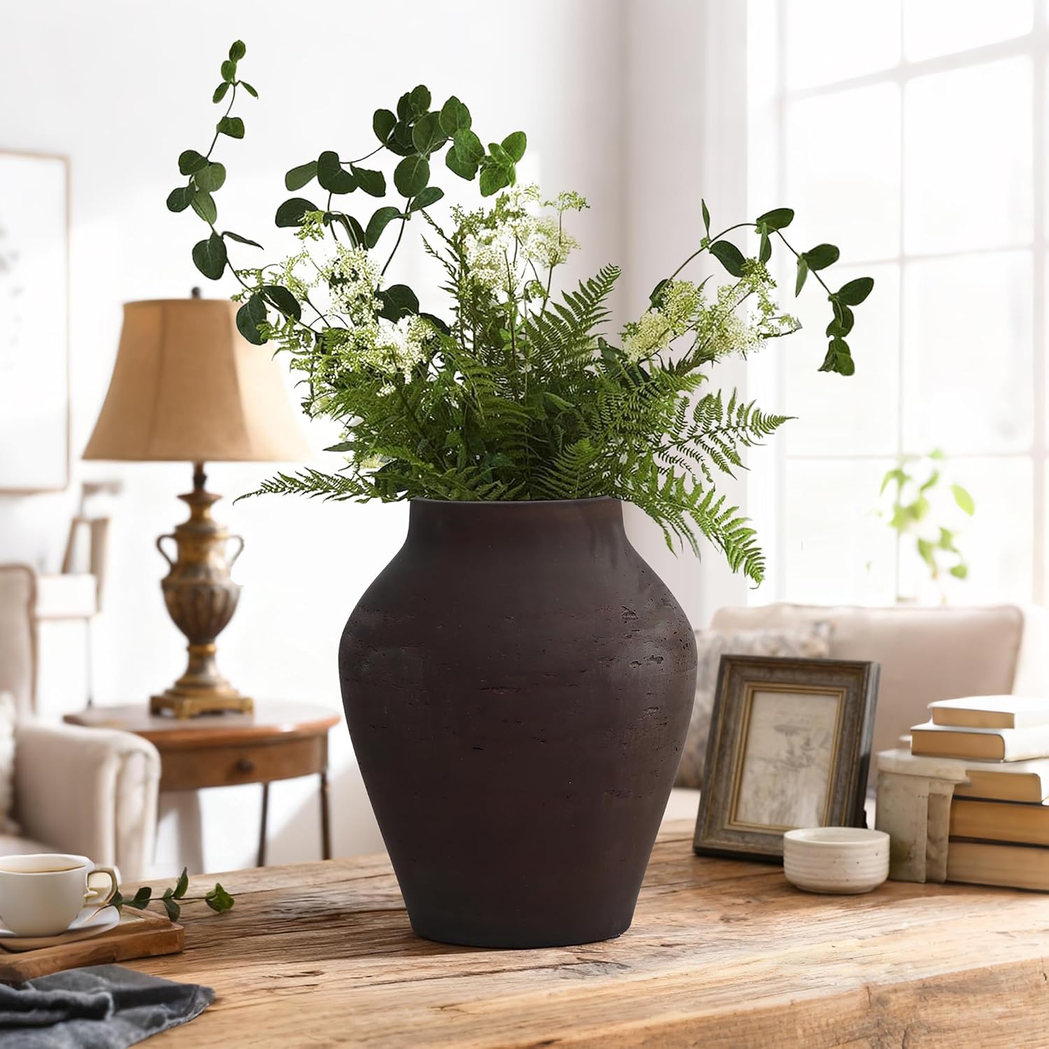 LuxenHome 13.5" Brown Floor Vase, Cement Rustic Vases for Flowers, Large Vases for Decor Living Room, Decorative Terracotta Vase for Home Decor