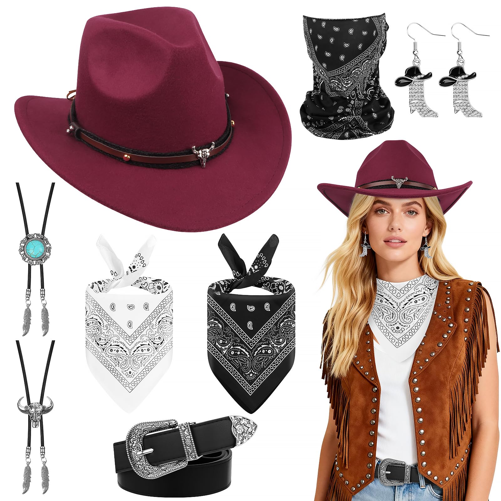 FICOFISE Cowboy Costume Gift Set: 8 Pcs Western Accessories for Adults The Perfect Wild West Fancy Dress for Christmas New Year Party