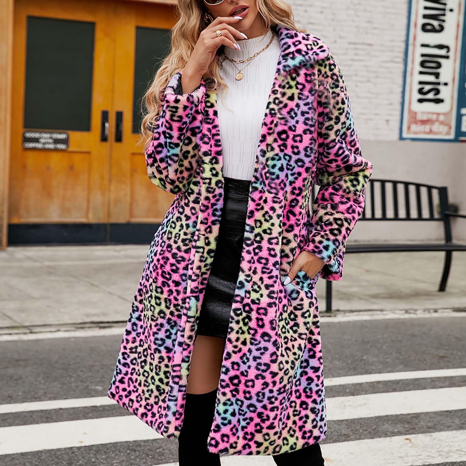 Rosa Leopard Pelzmantel Damen Kunstfell Winterjacke Lange Kunstpelze Jacke Dicke Warme Mantel Langarm Umlegekragen Felljacke Wintermantel Große Größen Fellmantel Winter Pelzjacke Übergangsjacke 3XL