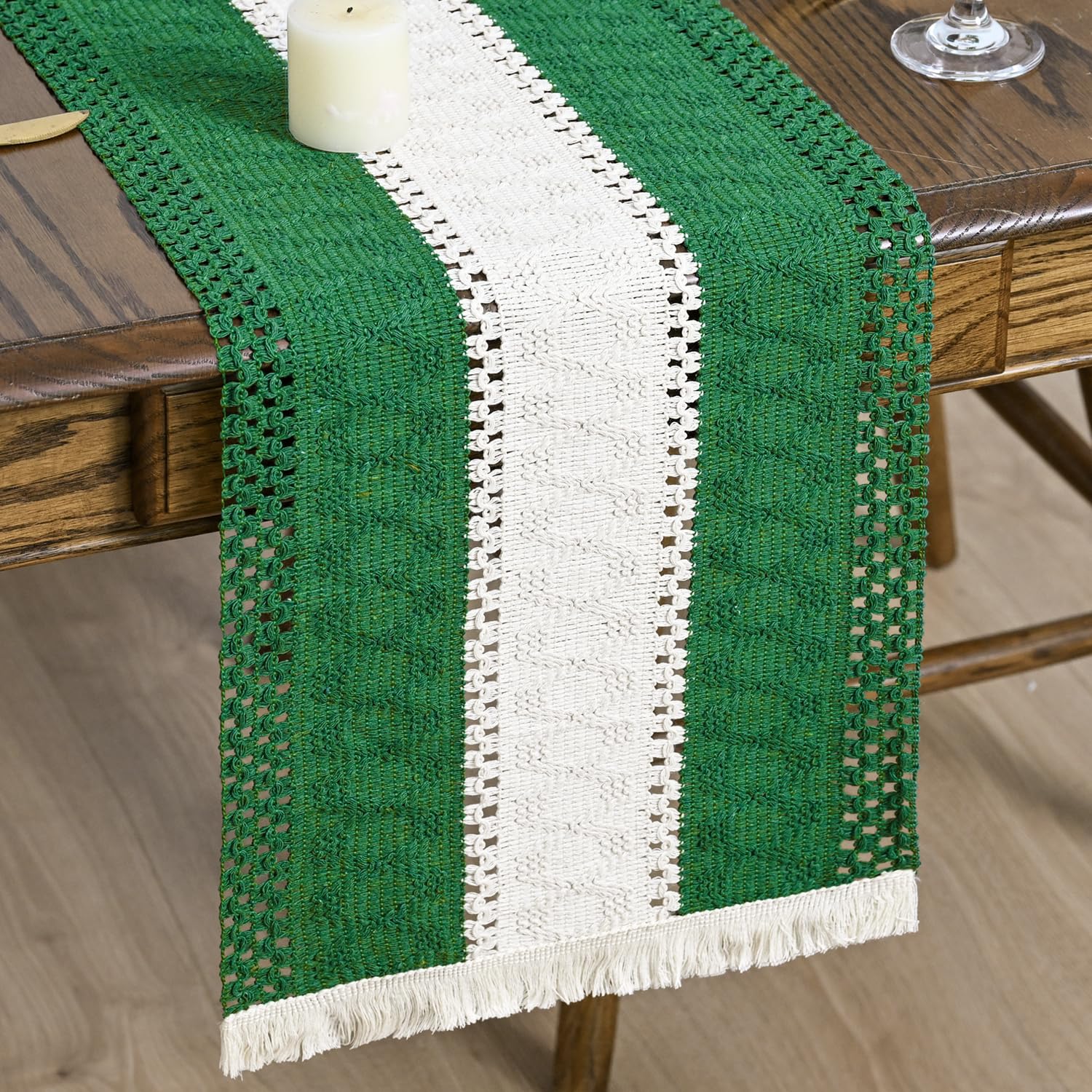 Artoid Mode Dark Green Farmhouse Rustic Table Runner 30x183 cm, Seasonal Hollow Kitchen Dining Table Decoration for Home Party Decor