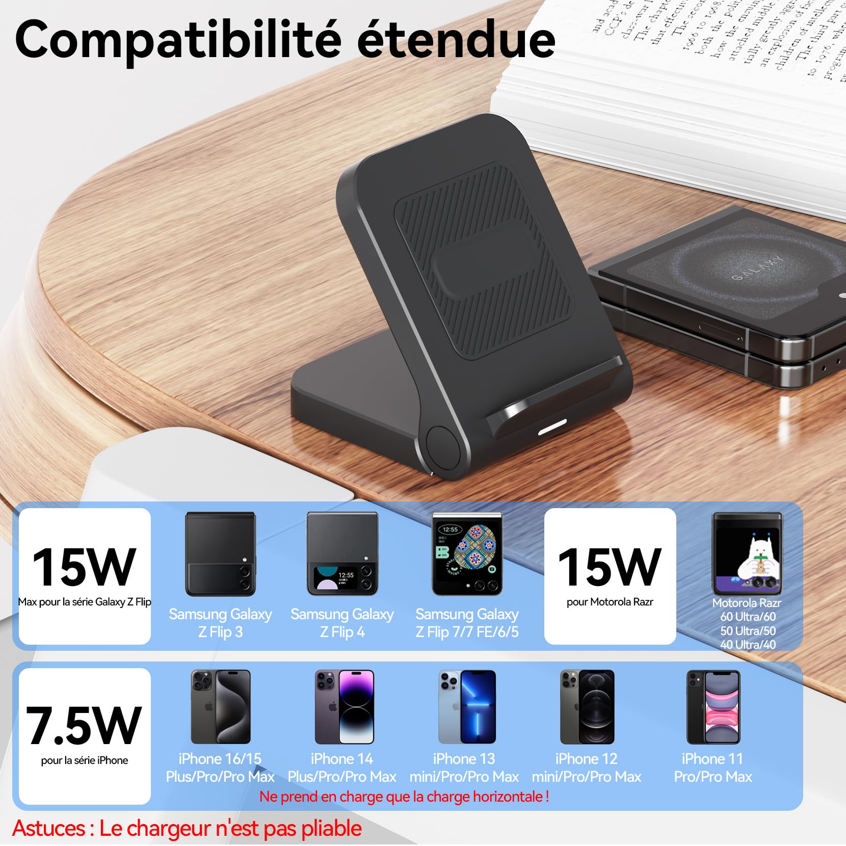 Geyo Chargeur Induction pour Samsung Galaxy Z Flip, 15W Rapide Chargeur sans Fil pour Samsung Galaxy Z Flip 6/Z Flip 5/Z Flip 4/Z Flip 3 (Non Pliable) avec Adaptateur
