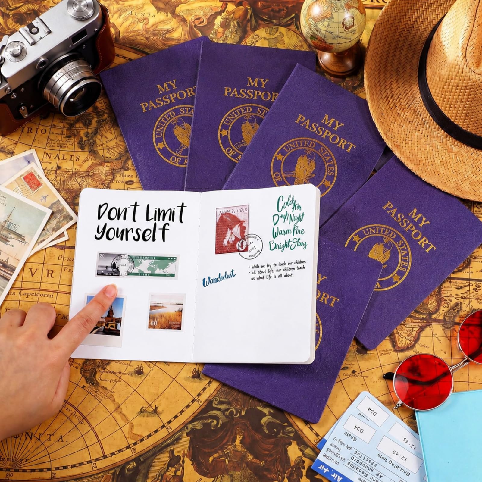 SATINIOR Taccuino vuoto per passaporto, per bambini, per far finta di giocare, per attività fisiche, passaporti, viaggi, feste, diario, forniture scolastiche per classe a tema Little One World (200