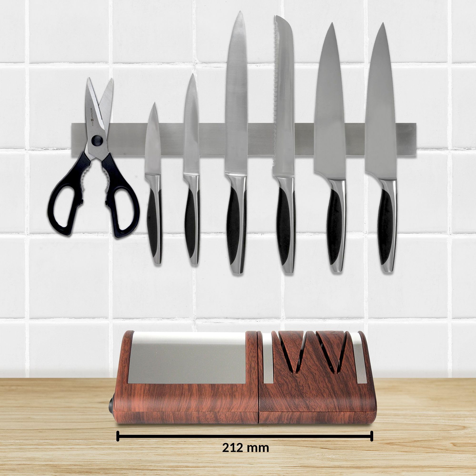 FISHTEC Afilador Eléctrico de Cuchillos de cocina - Afilado + Pulido a 2 niveles - Cuchillos metal o cerámica - Discos abrasivos de diamante - 21 CM - Efecto Madera