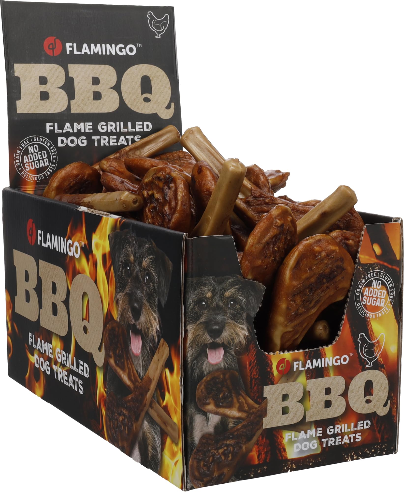 Snack per cani - Bastoncini per cani - Flamingo BBQ Costoletta con pollo L - 13 x 5 x 1 cm - 1,9 kg display - ricco di proteine - senza glutine - senza cereali - senza zuccheri aggiunti