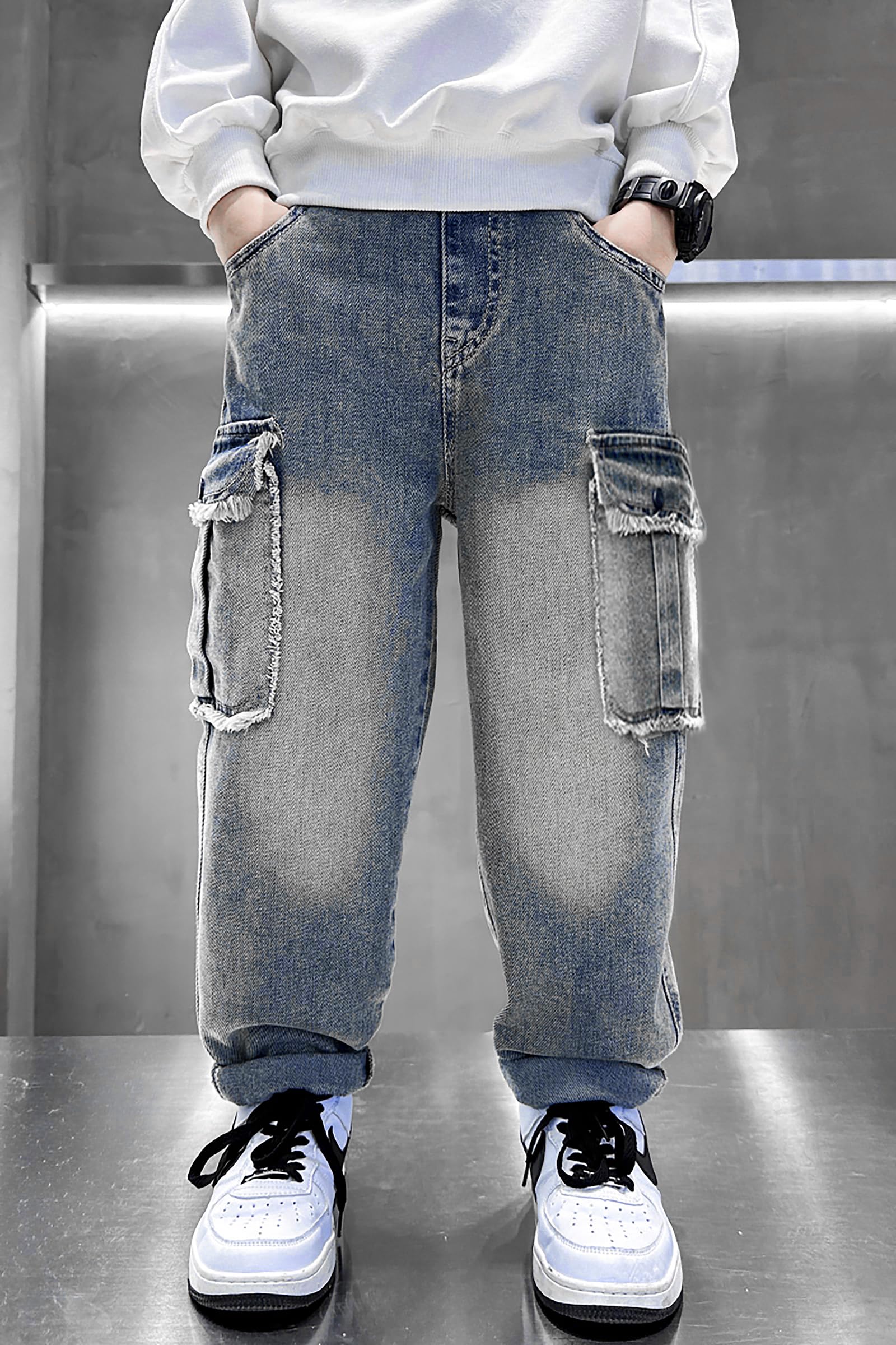 Rolanko Pantalones Vaqueros Rasgados con Cintura Elástica para Niños, Pantalones de Mezclilla Retro con Diseño de Pierna Cónica con Bolsillos para Niños