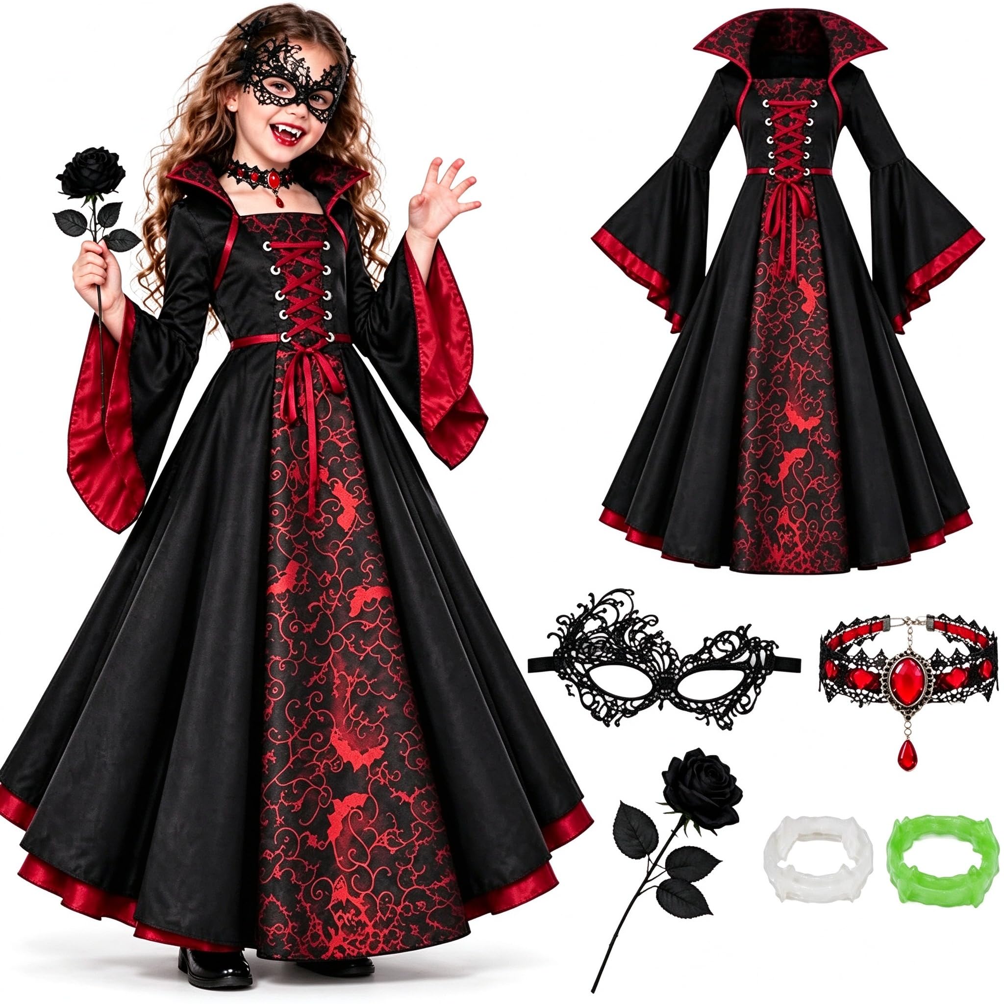 Vampire Costume Kids, Halloween Costumes for Girls Age 4-10 Halloween Dress with Lace Mask, Fangs, Necklace, Rose-Adorned Cane, Fancy Dress for Parties & Role Play