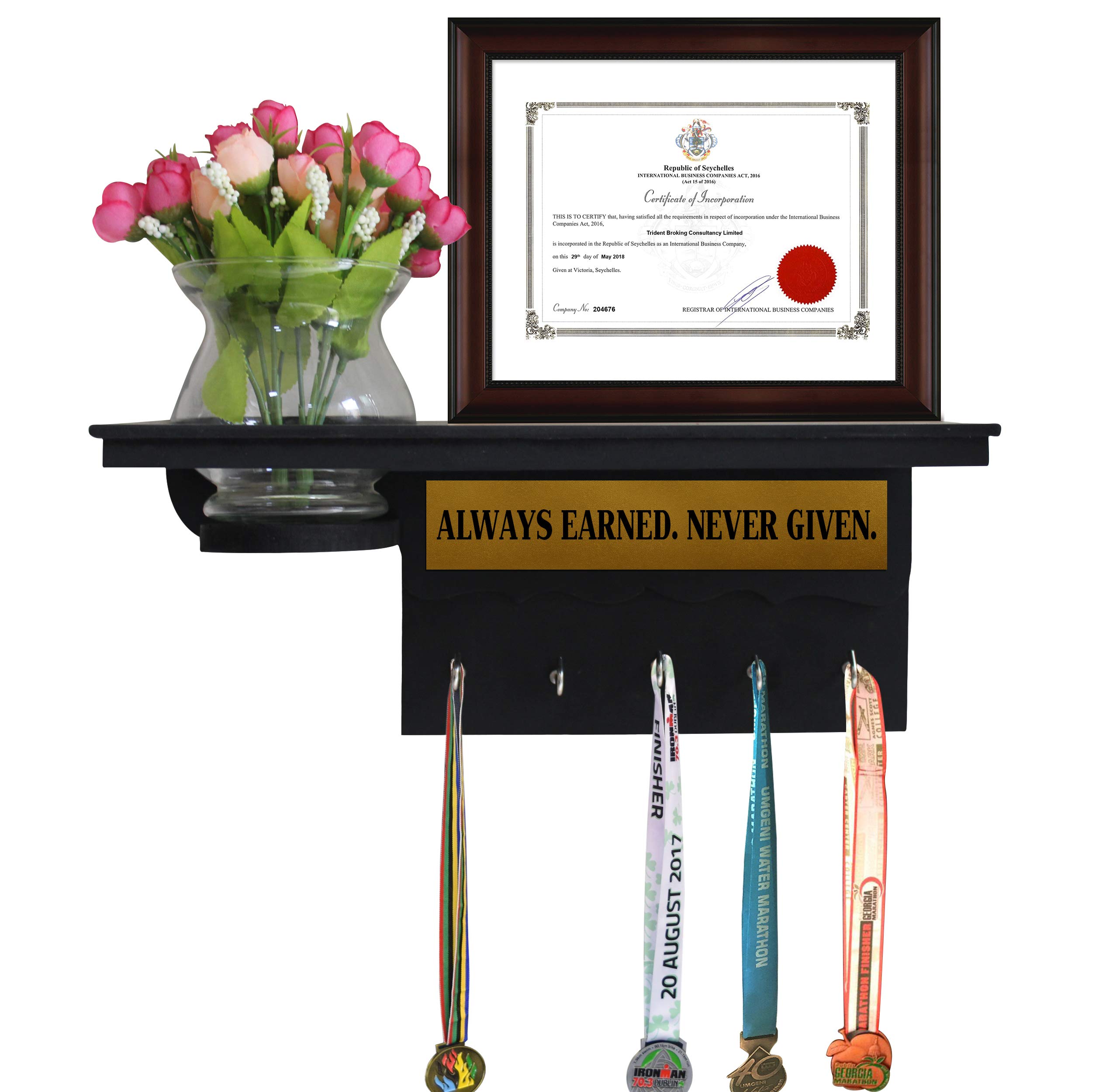 TIED RIBBONS Wooden Decorative Medal and Trophy Display Holder Rack with Flower and Vase for Wall Decoration Home Office Sports Cricket Cyclists Academics (Handcrafted) 1
