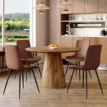 Round Dining Table Set for 4,45 Farmhouse Dining Room Table Set for 4 with Suede Chairs,1" Thick Wood Pattern Tabletop with Conical Base,5 Pieces Kitchen Table Set for Dining Room,Apartment