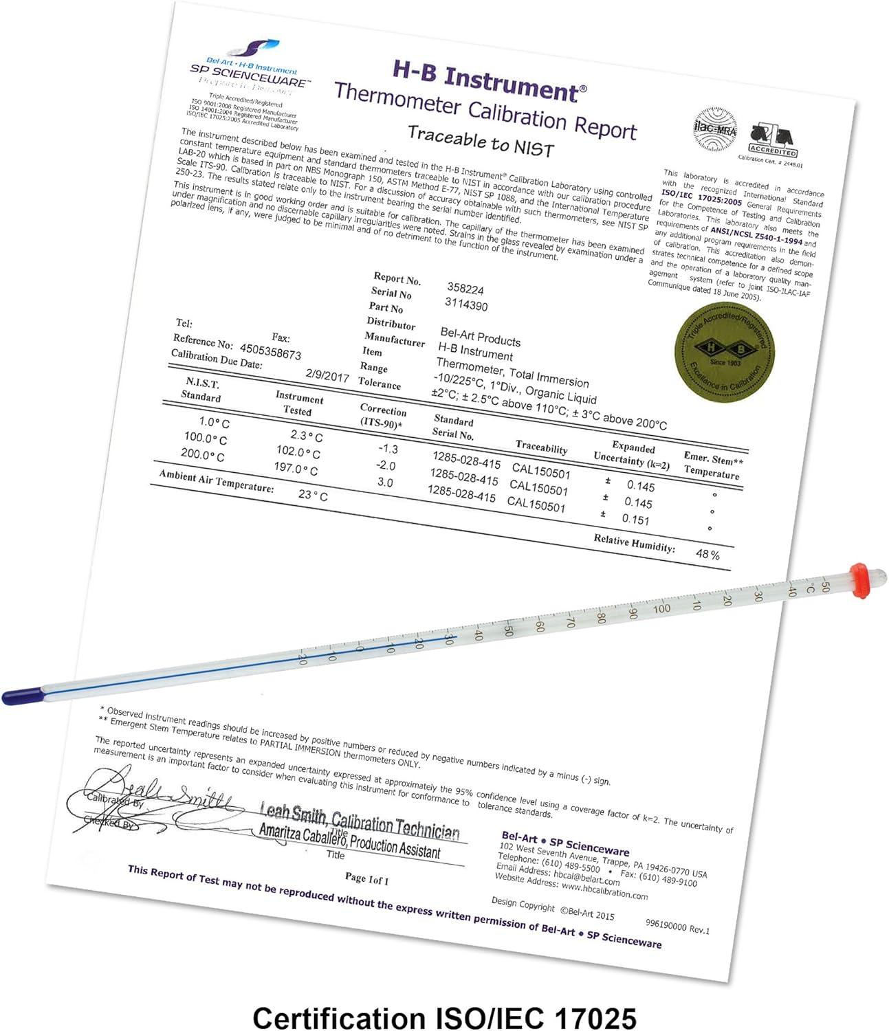 SP Bel-Art, H-B DURAC Plus Calibrated Liquid-In-Glass Laboratory Thermometer; 30 to 124F, 76mm Immersion, Organic Liquid Fill (B60205-0700)
