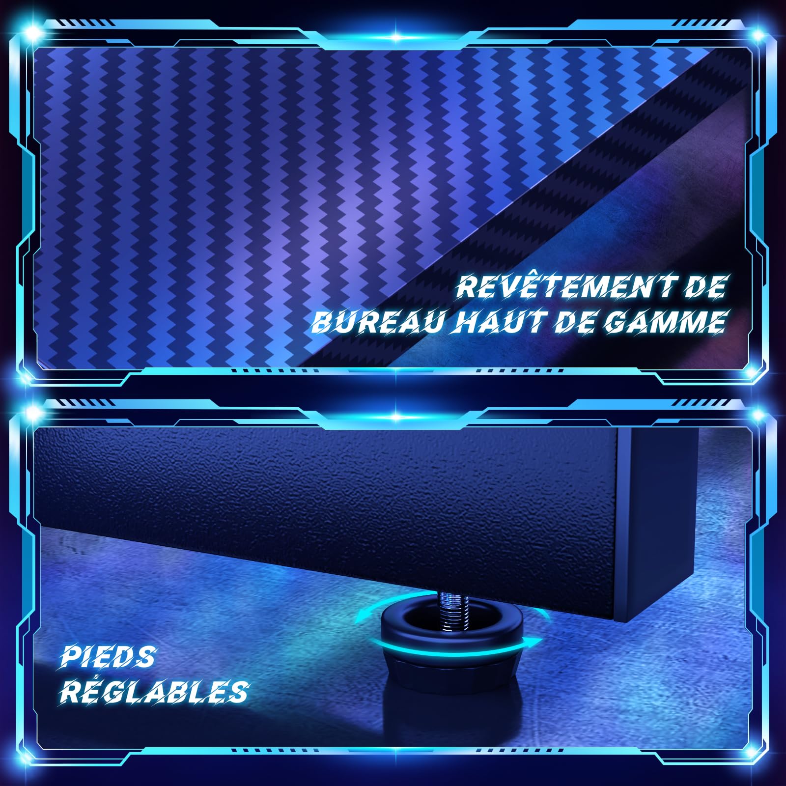 JUMMICO Bureau Gaming en L 120x120cm - Bureau d'angle avec Support Écran Réversible - Polyvalent (Jeu/Travail/Étude) - Stabilité Maximale & Nettoyage Facil - Revêtement Carbone - Noir