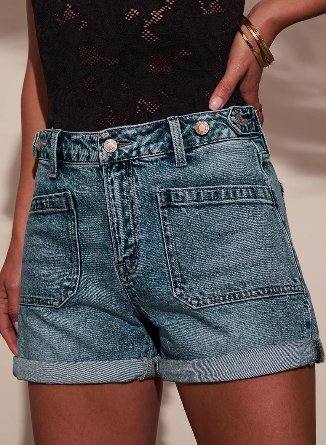 Astylish Womens Jean Shorts Casual Buttoned High Waisted Stretchy Patch Pocket Trendy Cuffed Denim Shorts - Image 3