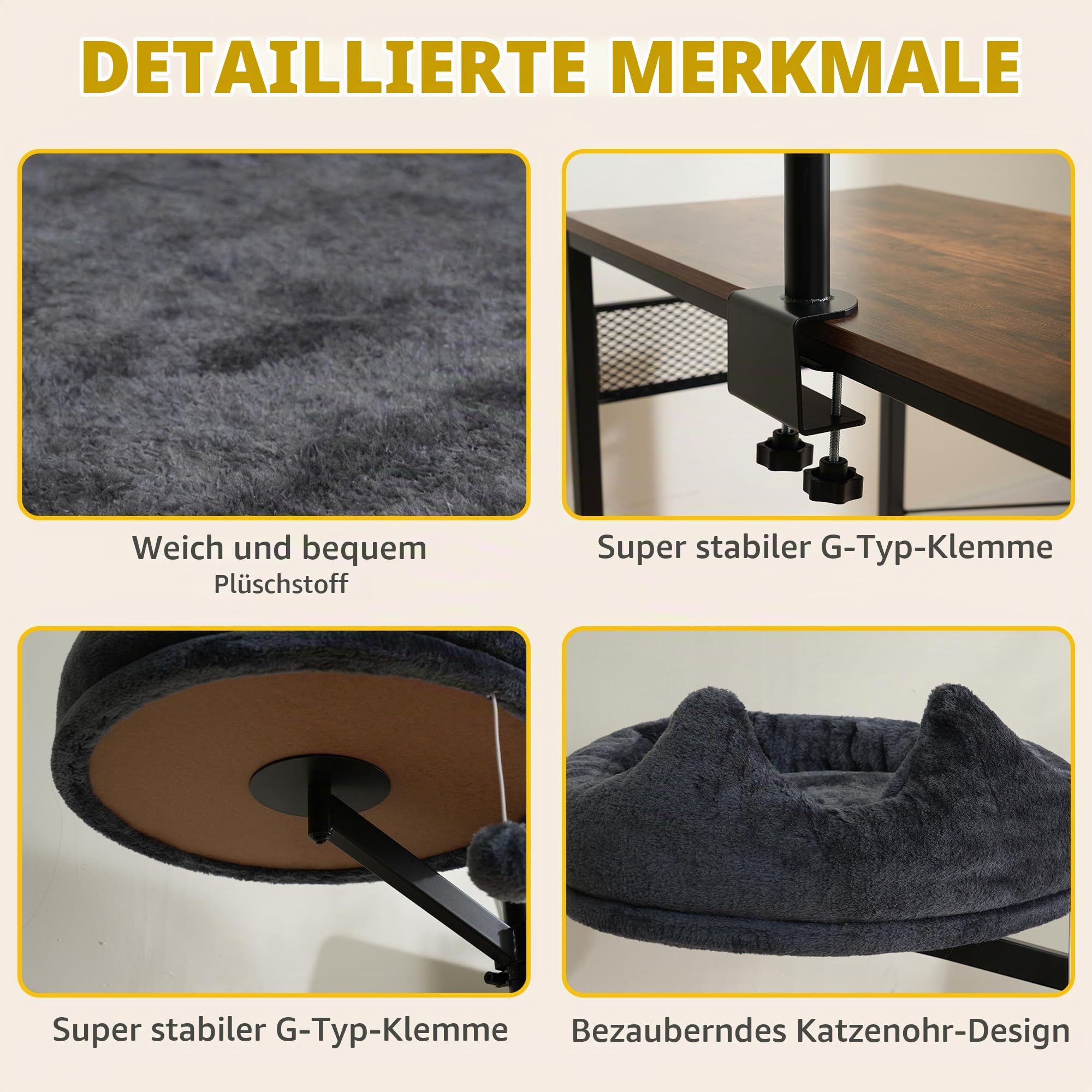 Katzenbett Schreibtisch, 360° Drehung Hängebett für Katzen Bohrfrei & Höhenverstellbar, Katzenhängematte Katzenkorb zum schlafen, Hält Kätzchen Katze nah und Arbeitsbereich (Dunkelgrau)